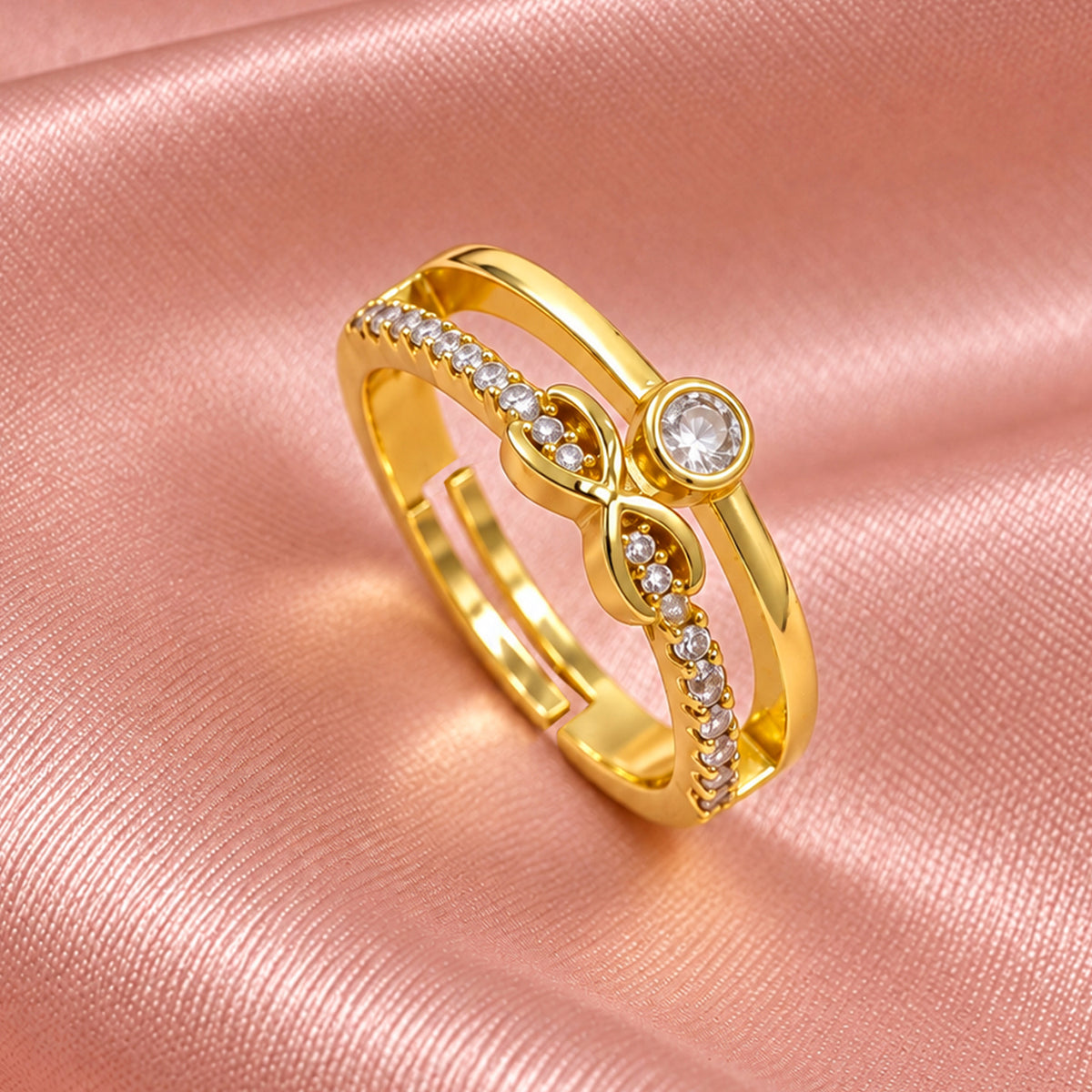Artklim Elegant Double Band Crystal Gold-Tone Statement Anti-Tarnish Ring