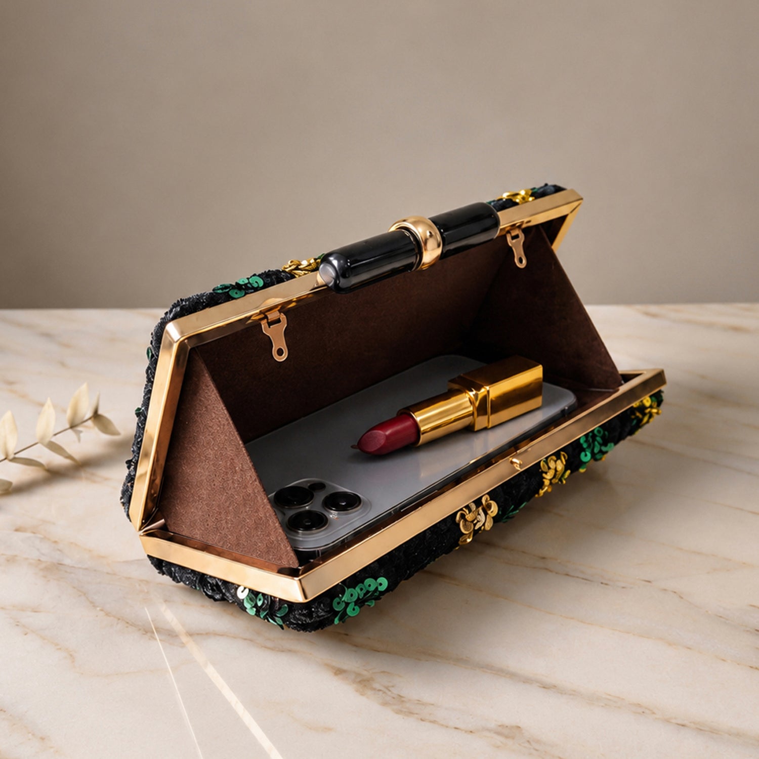 Green And Golden Sequin Zigzag Embroidery Clutch