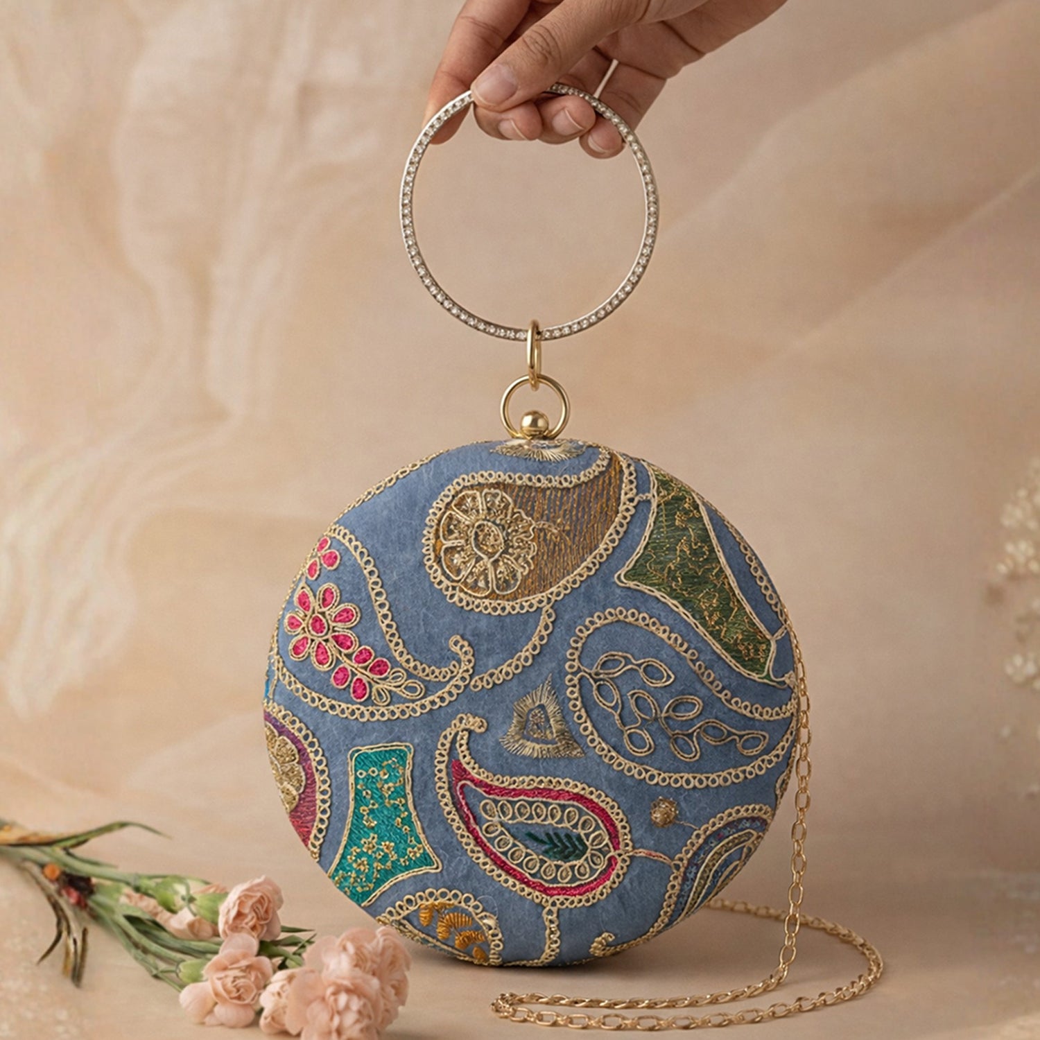 Artklim Royal Blue Round Embroidered Clutch