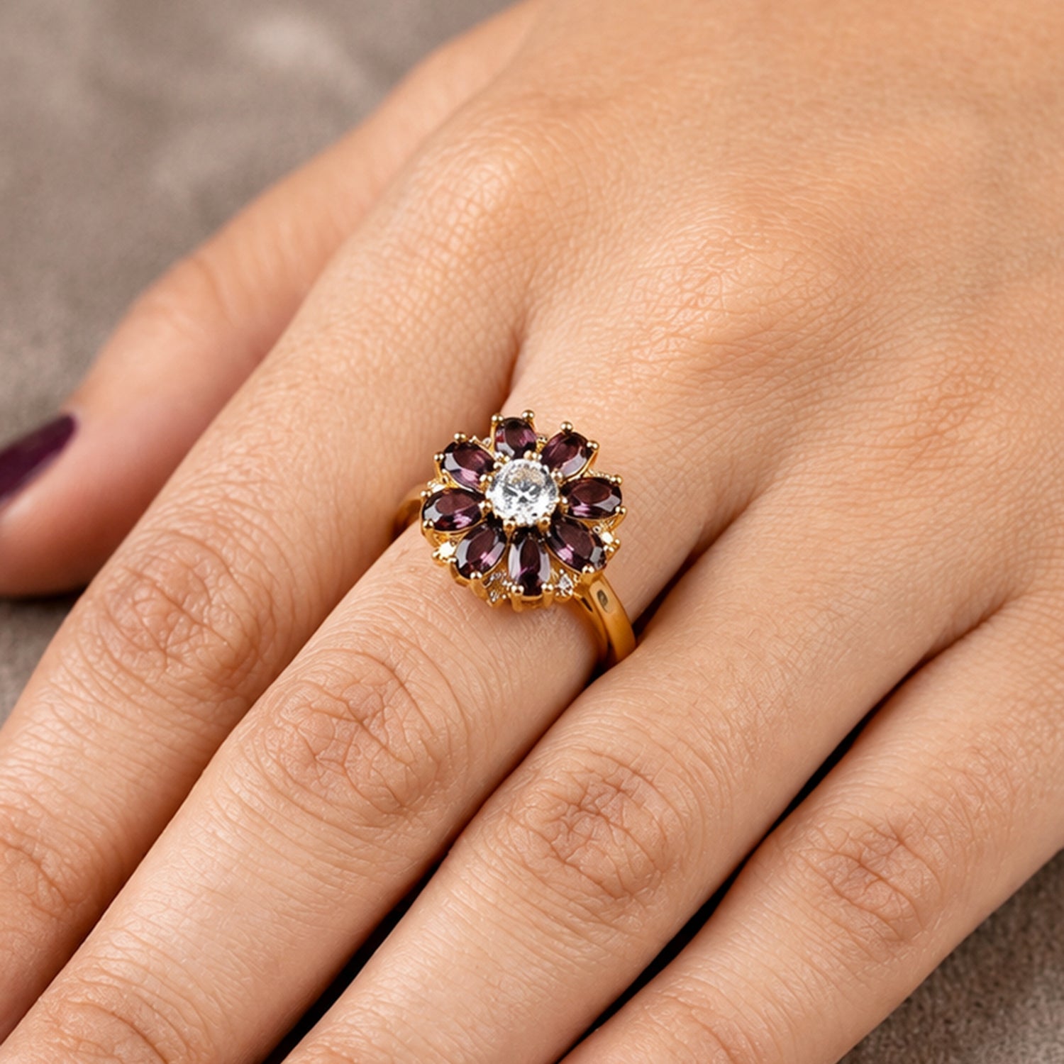 Artklim Gold Violet Petal Revolving Flower Crystal Adjustable Anti-Tarnish Copper Ring