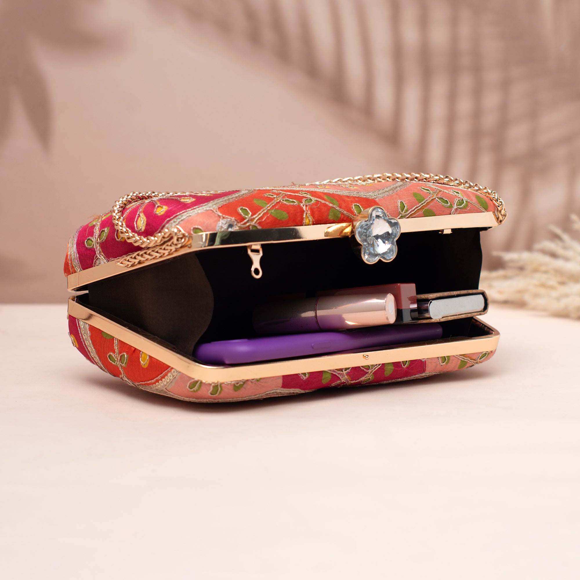 Artklim Pink & Red Embroidered Clutch