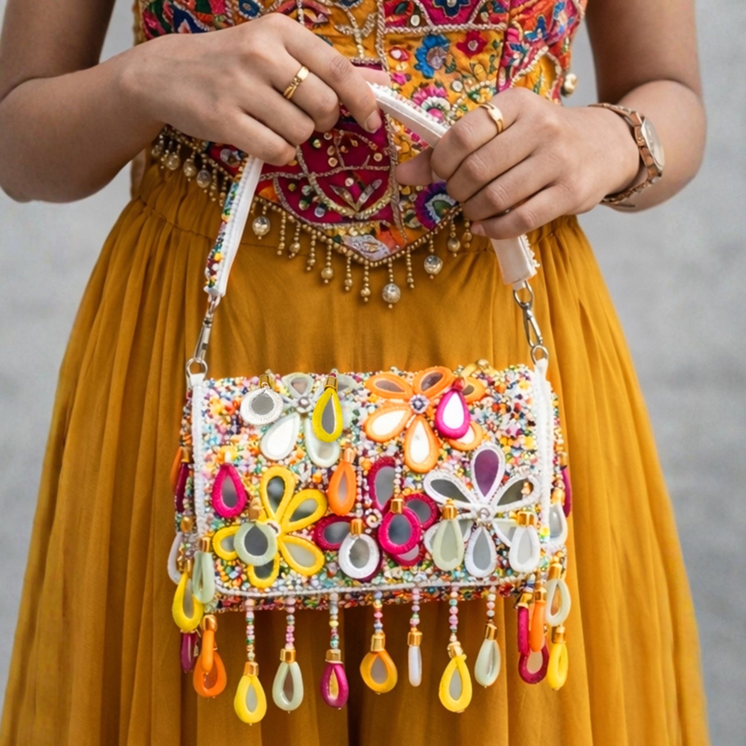 Artklim Multicolor Floral Beaded Clutch