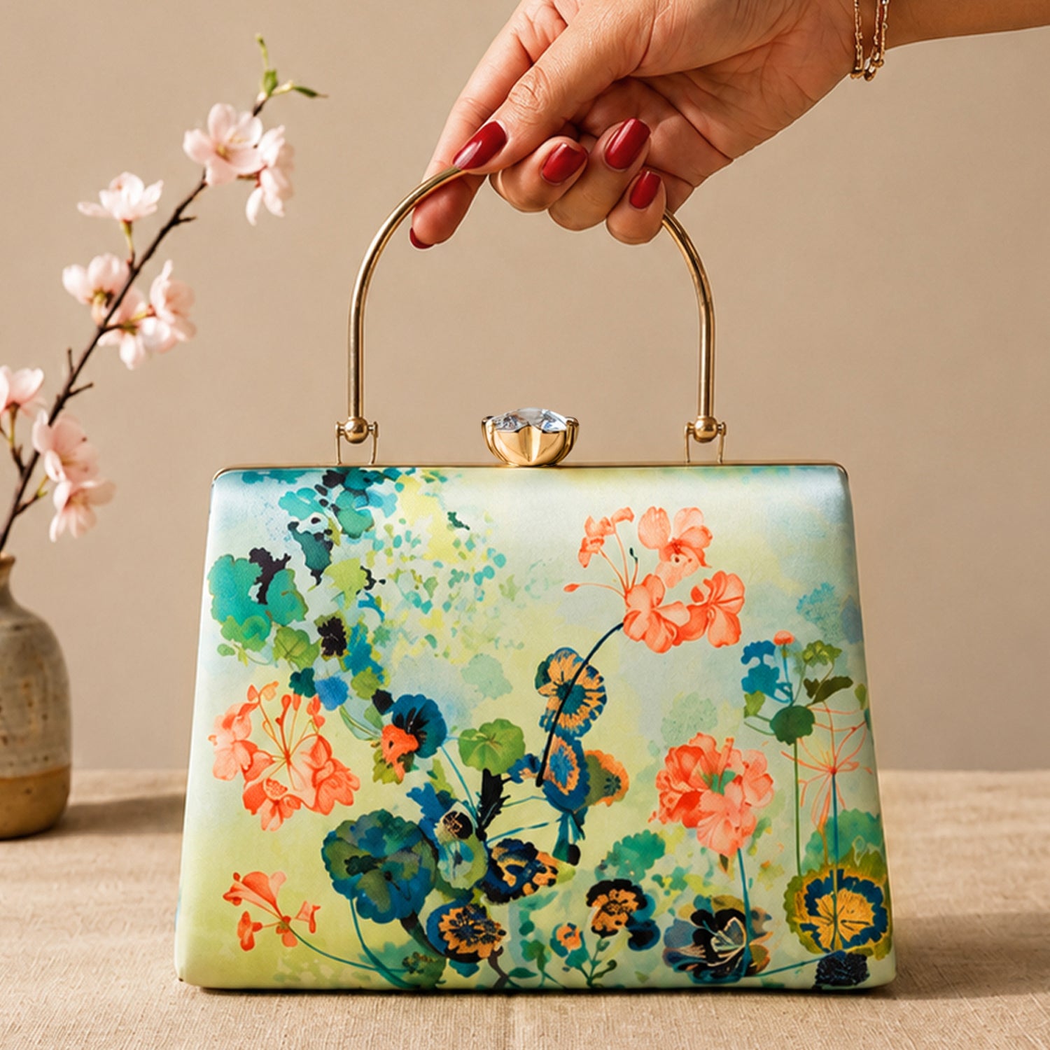 Artklim Printed Pastel Botanical Bloom Artistic Clutch with Hand Embroidery