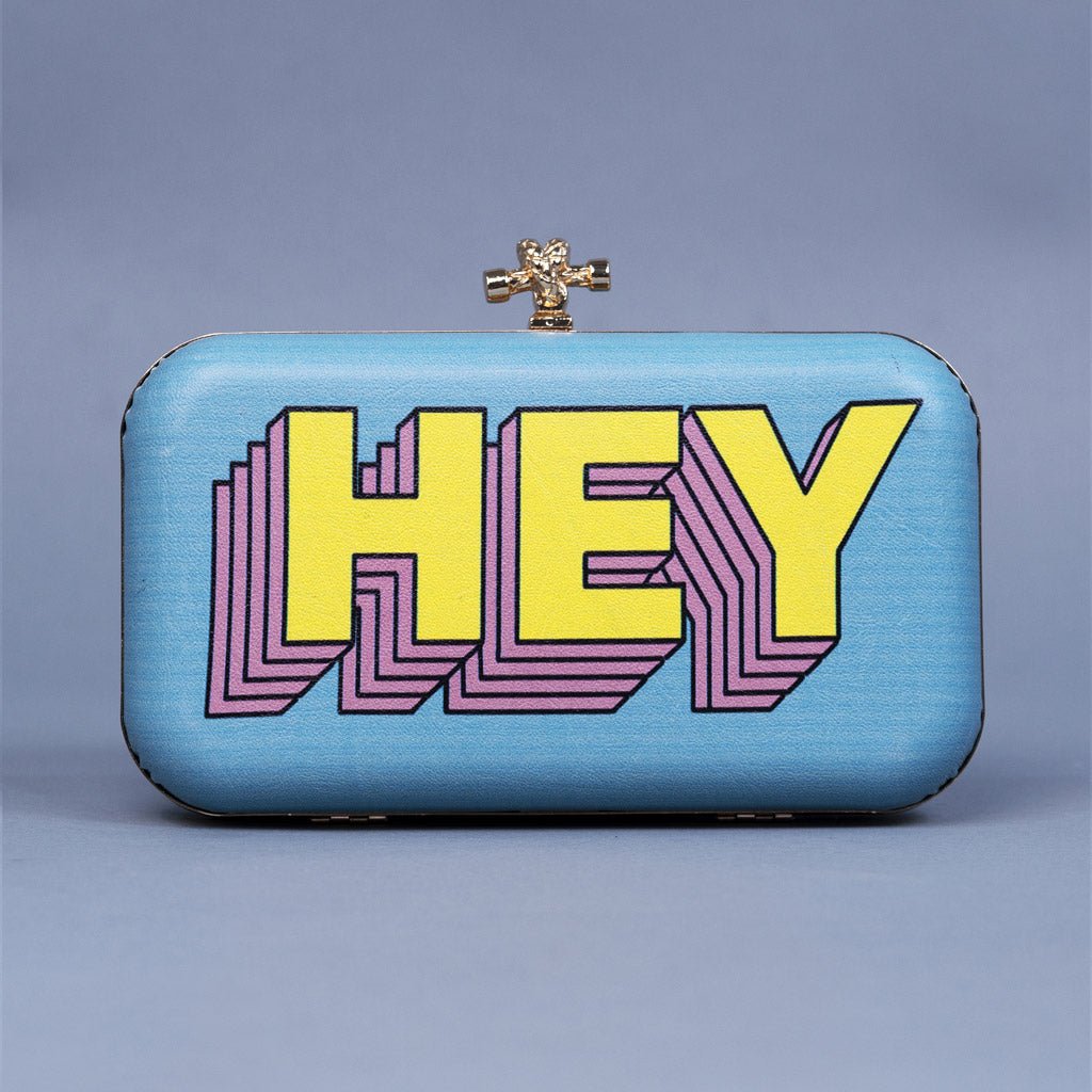 Artklim Blue Based Hey Printed Leatherette Clutch