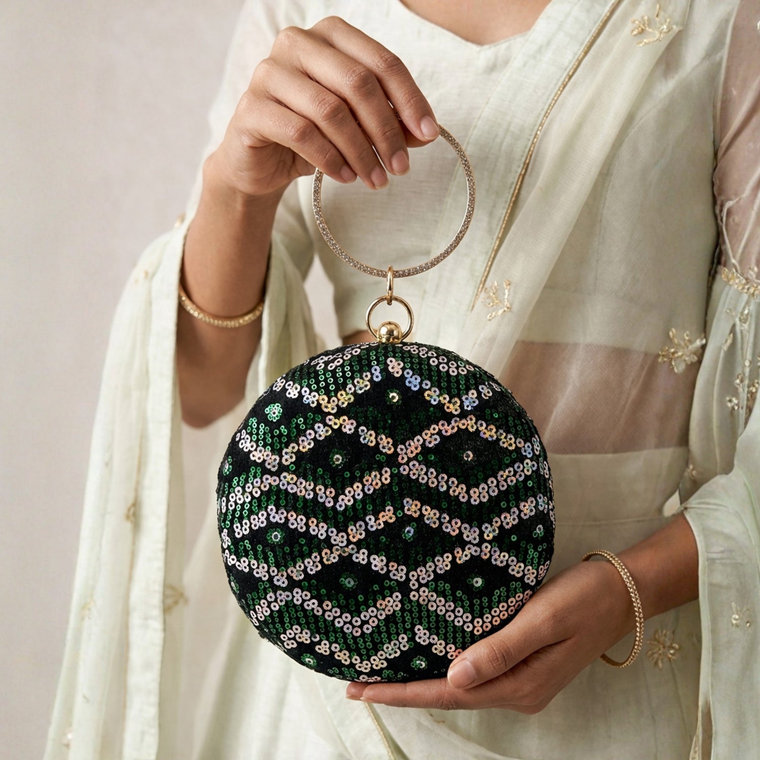 Artklim Luxurious Green & Silver Sequin Embroidery Clutch