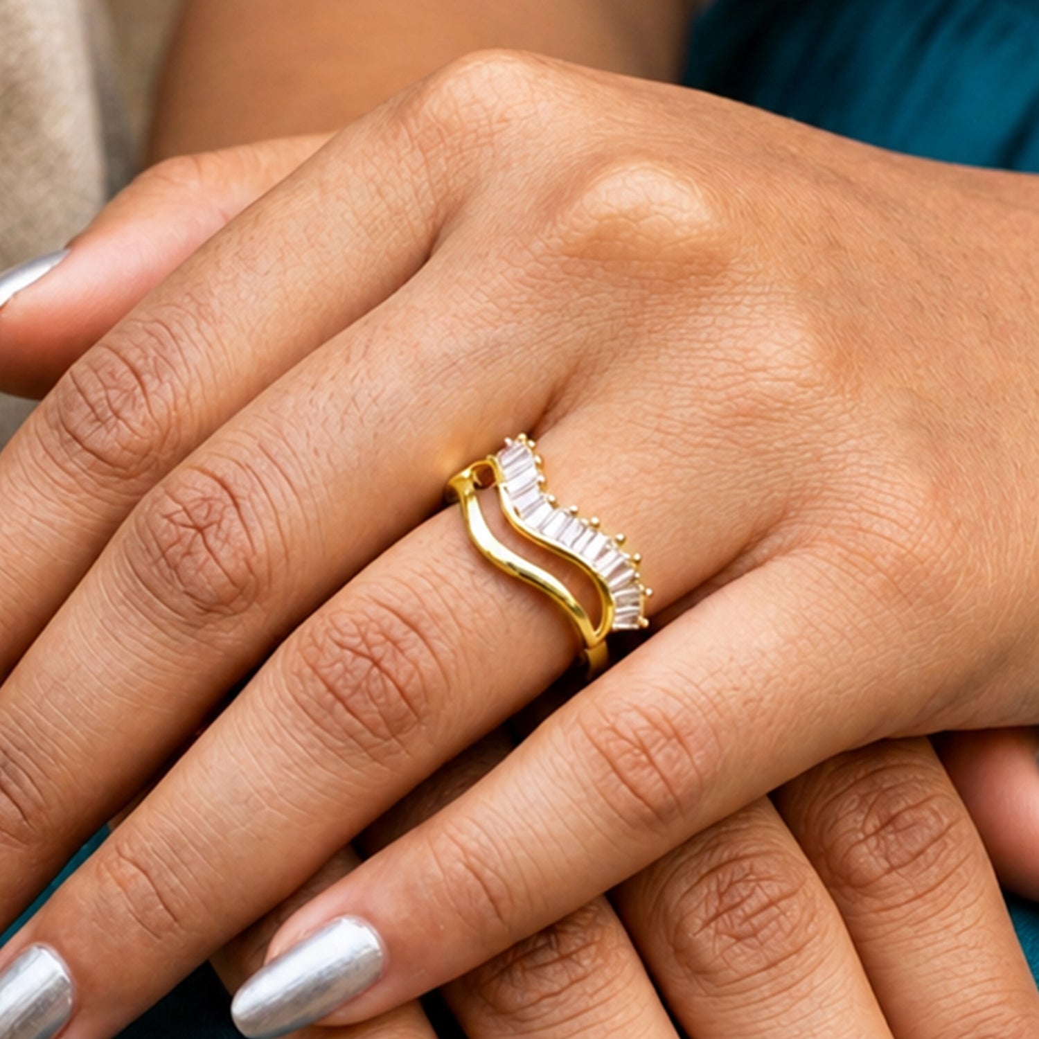 Artklim Wave Crystal Gold Open Anti-Tarnish Ring