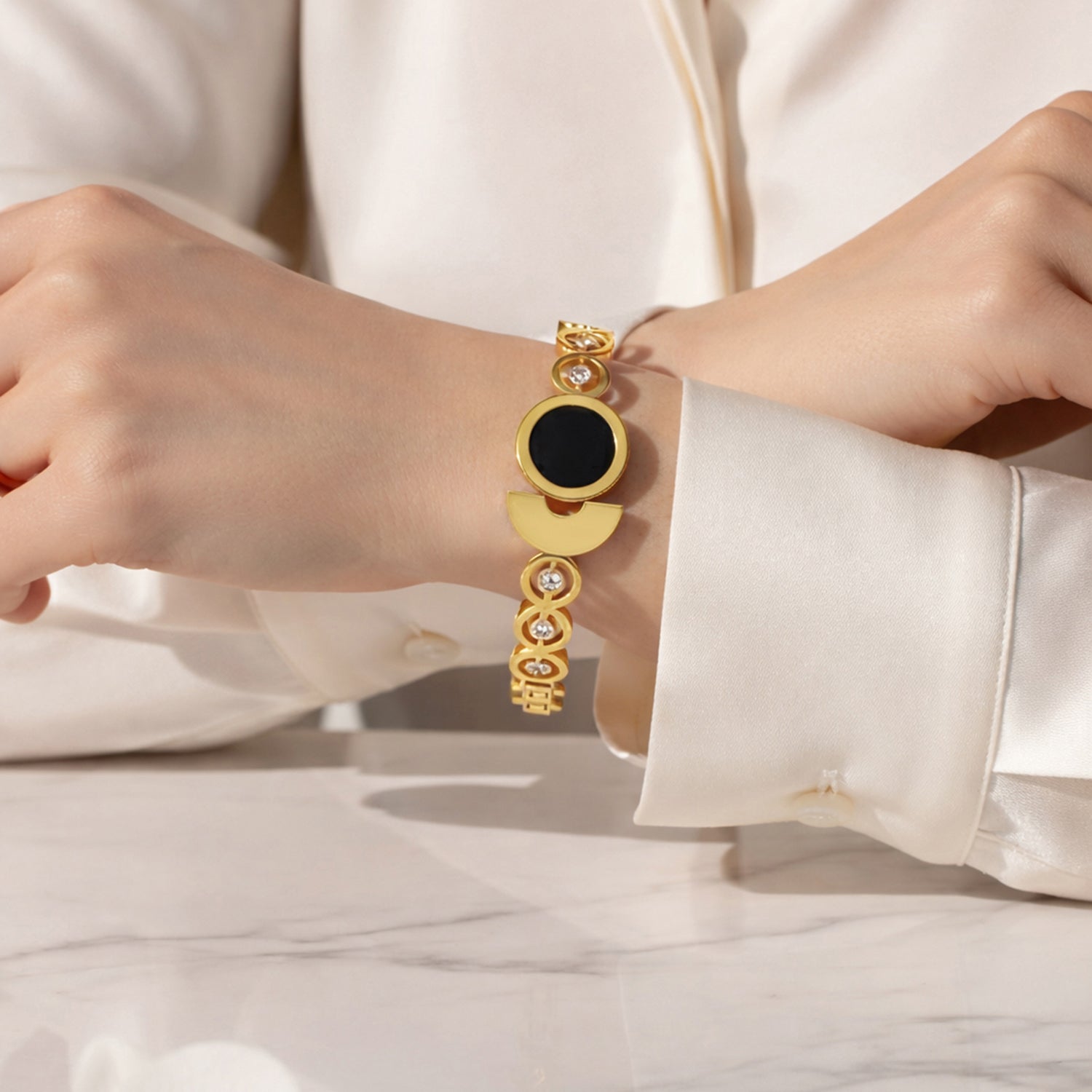 Artklim Gold Plated Elegant Open Cuff with Round Charm Anti-Tarnish Bangle Bracelet