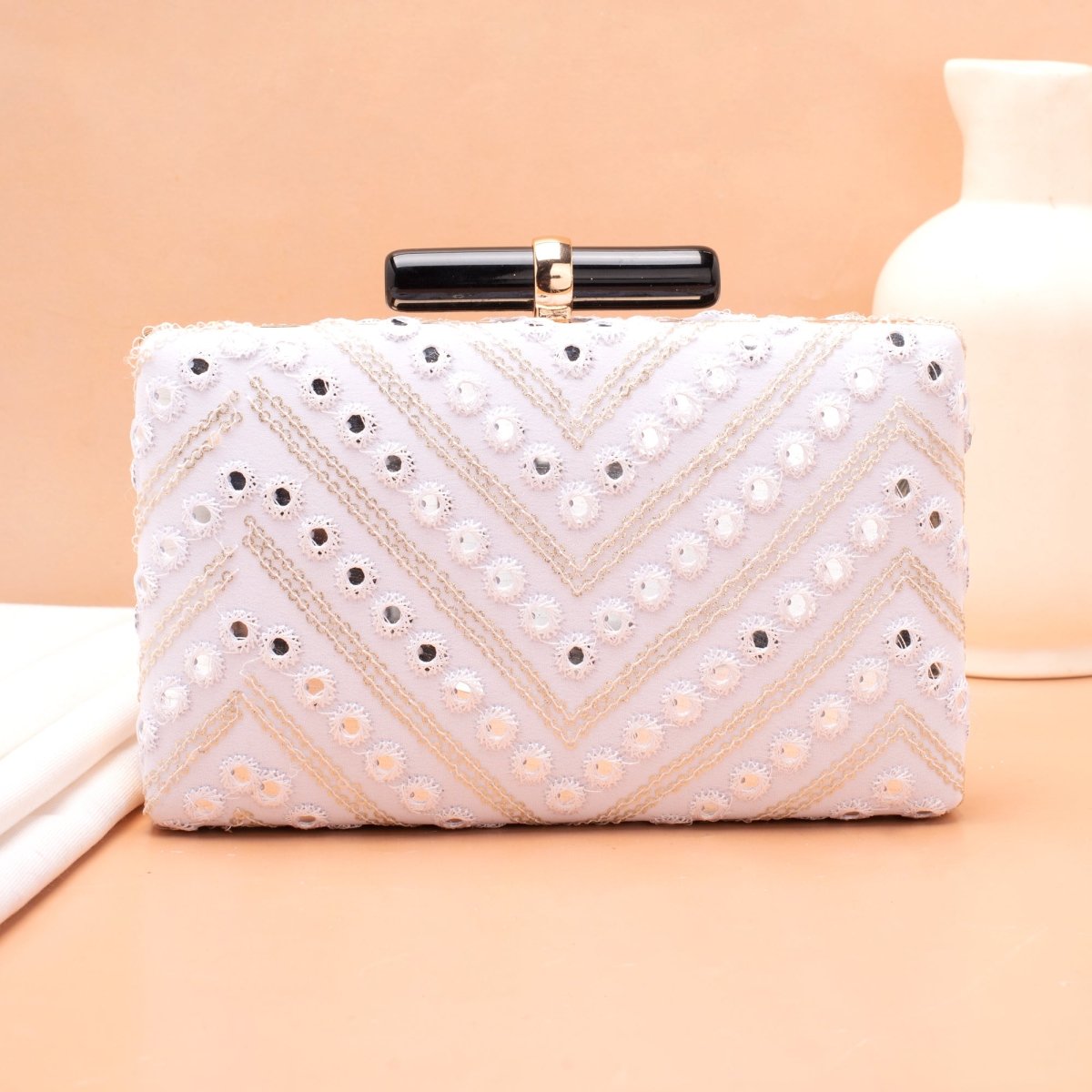 Artklim White Base Sequins Embroidery Clutch