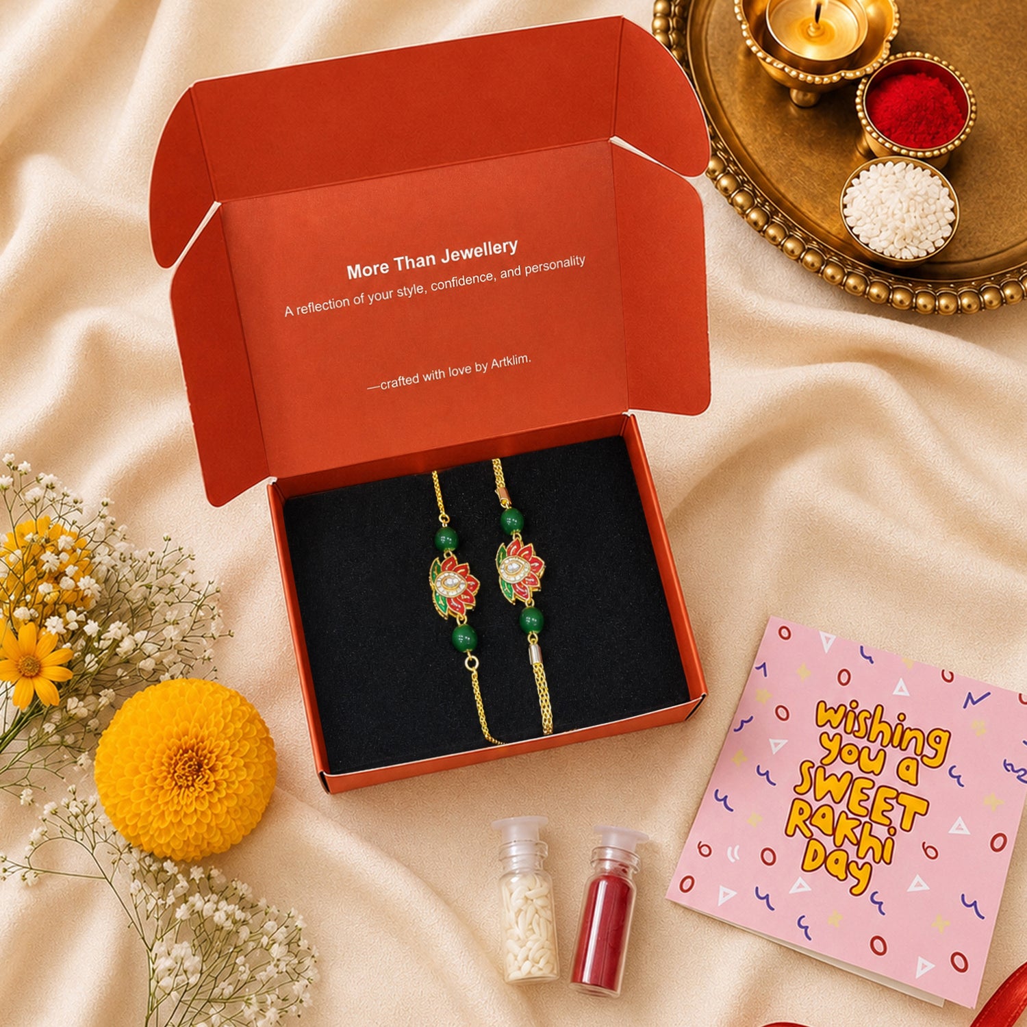 Artklim Lotus Designer Bhaiya Bhabhi Rakhi Set with Green Beads