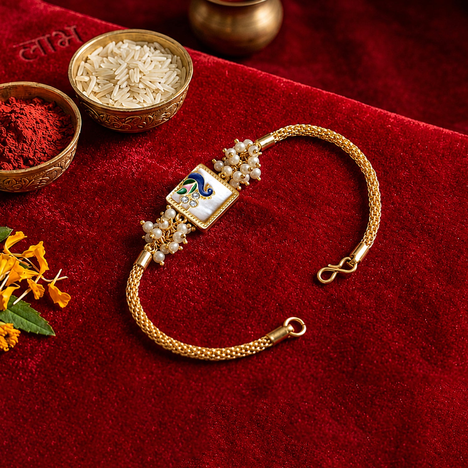 Artklim Royal Peacock Bhaiya Bhabhi Rakhi Set with Pearl Clusters