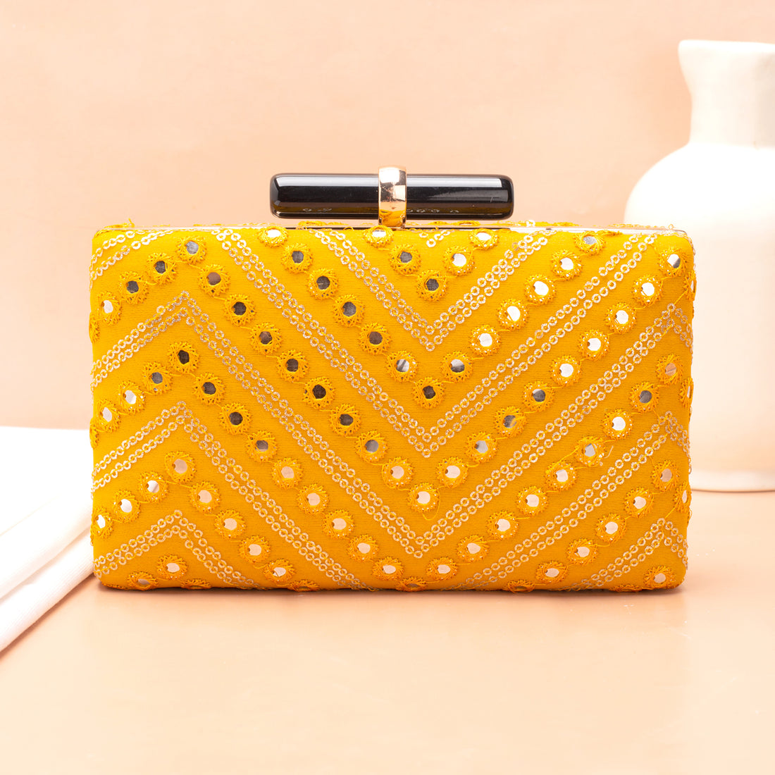 Artklim Yellow Based Sequins Embroidery Clutch