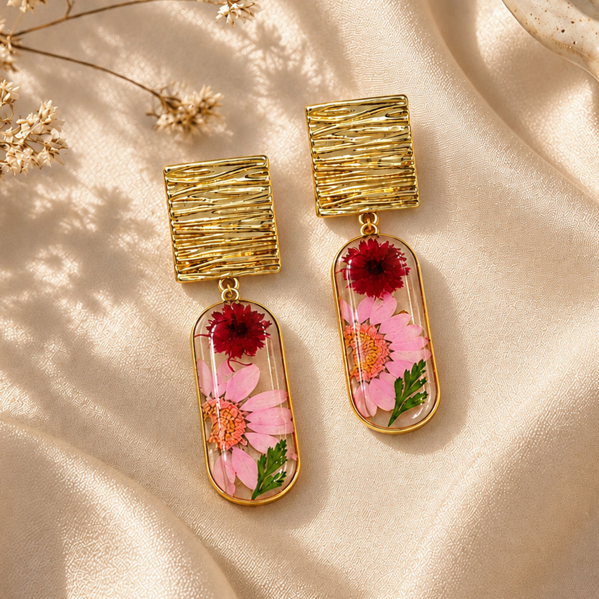 Artklim Elegant Pink Floral Gold-Tone Anti-Tarnish Earring