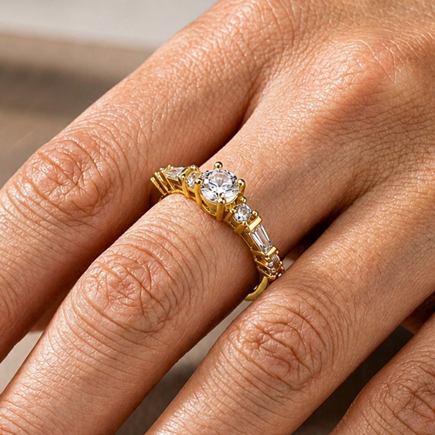 Artklim Classic Solitaire with Side Baguette Gold Anti-Tarnish Ring