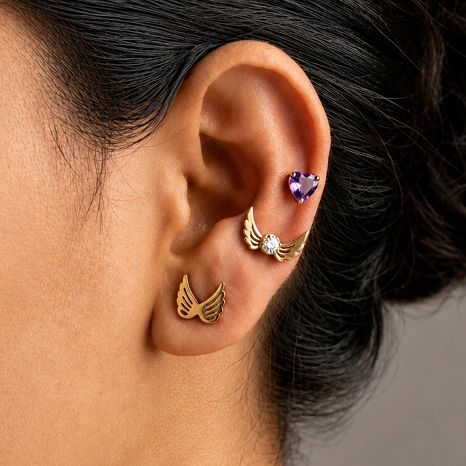 Artklim Angel Wing, Crystal Wing & Purple Heart 3 Pair Set Anti-Tarnish Earring
