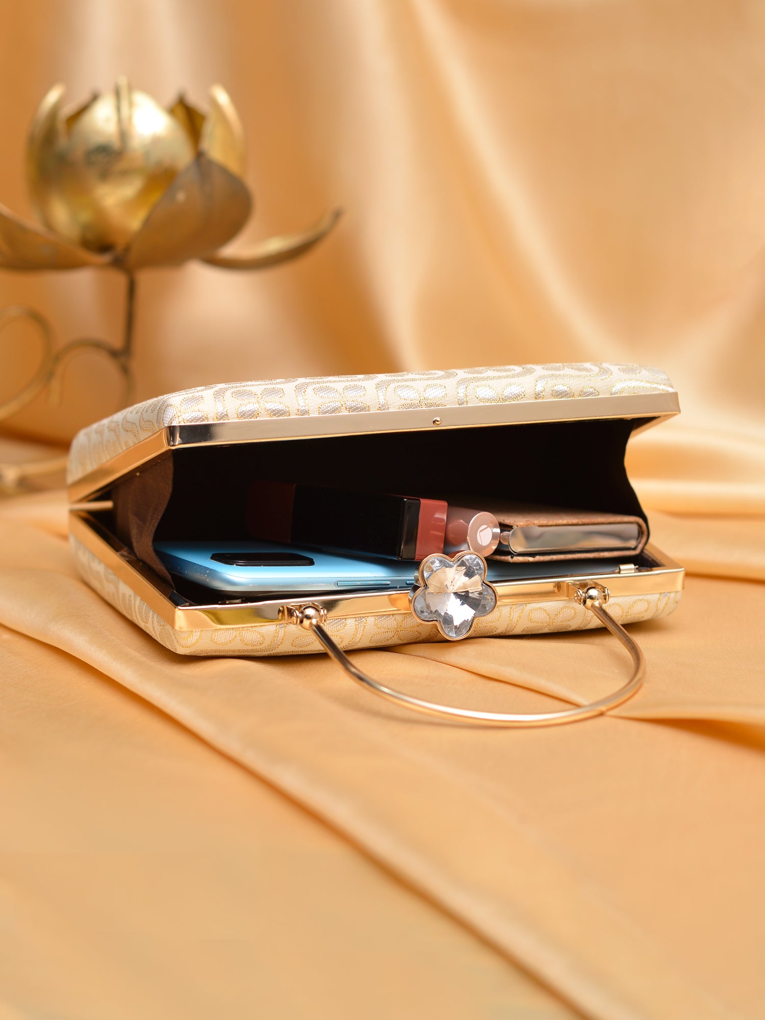 Artklim Elegant Beige-Gold Geometric Floral Evening Bag