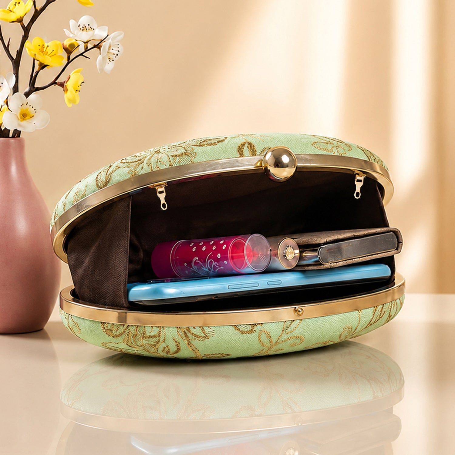 Artklim Mint Green Floral Printed Women Clutch