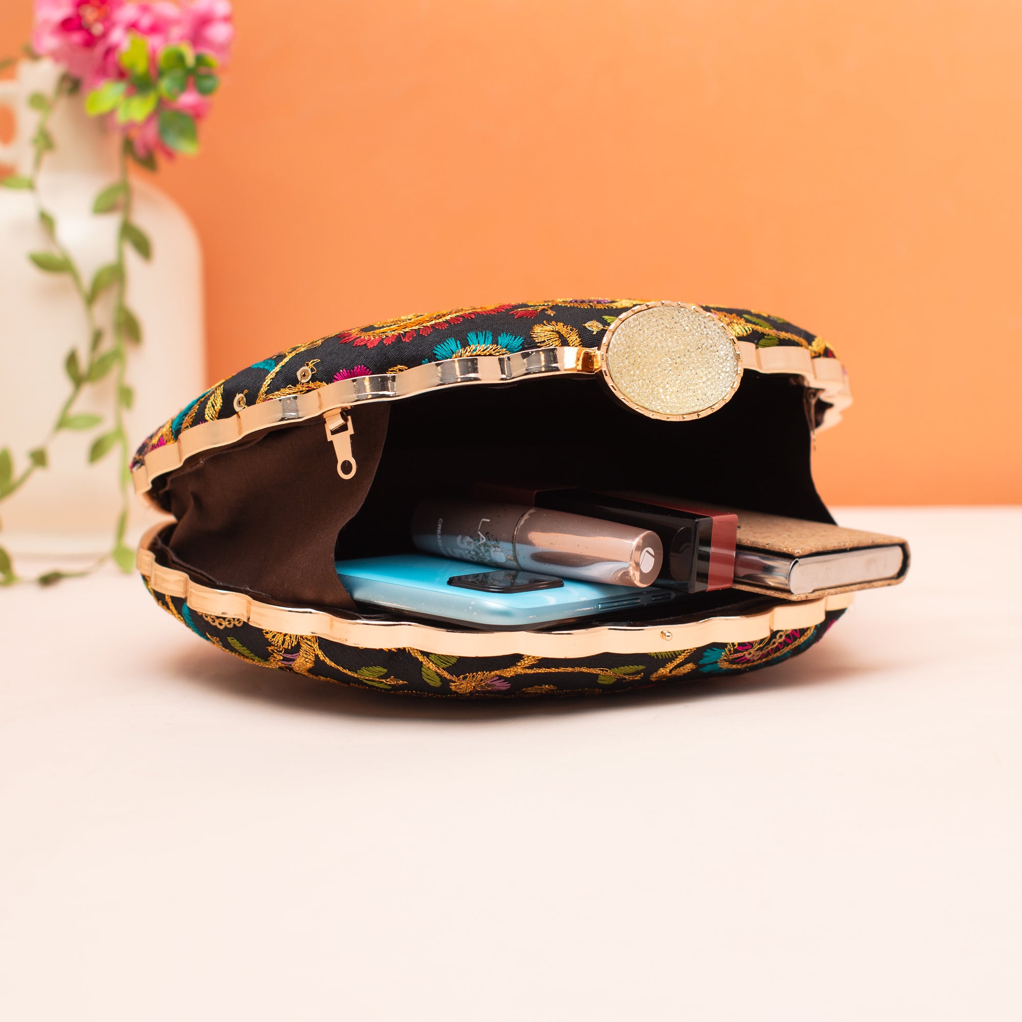 Artklim Royal Black Sequins Embroidery D- Shape Clutch"