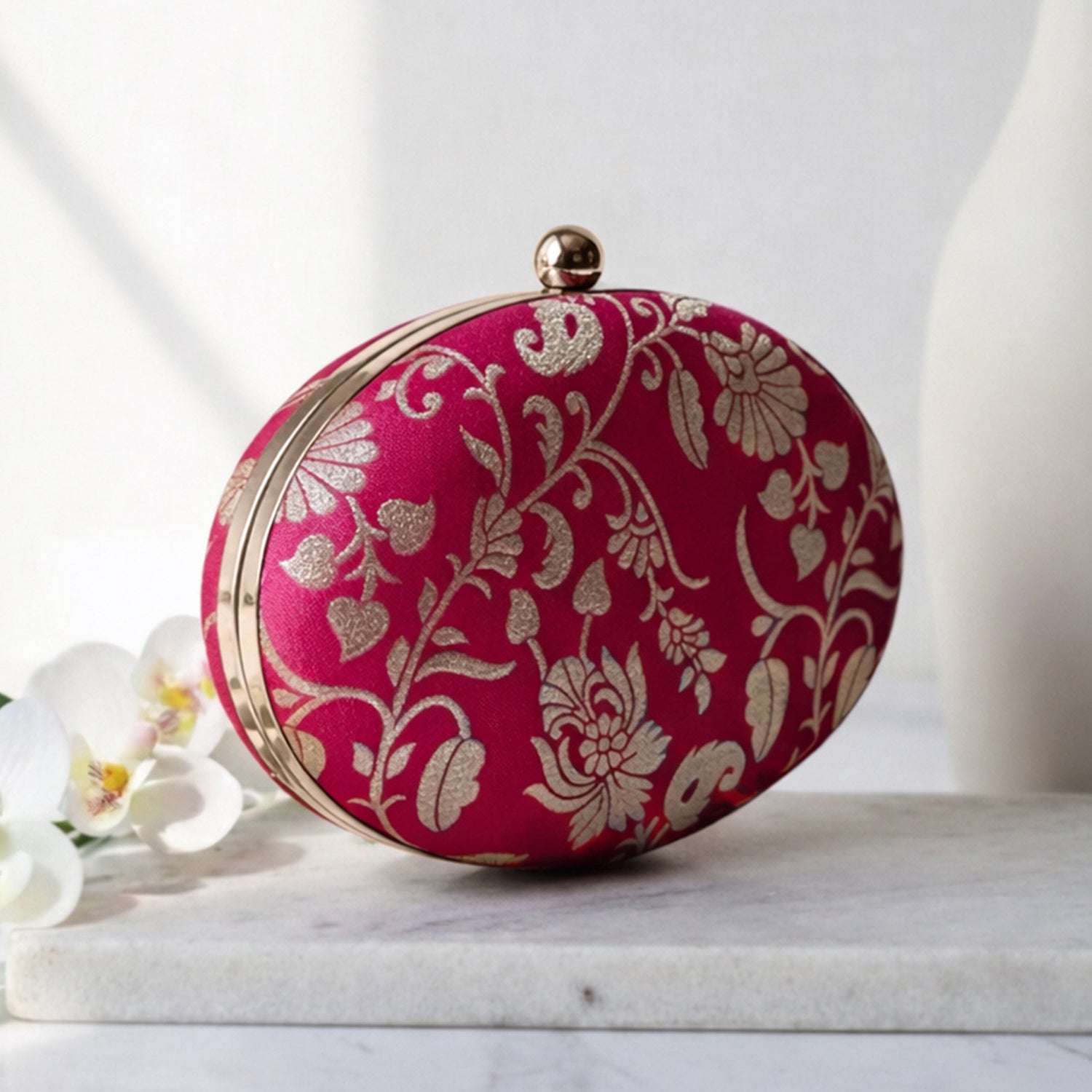 Artklim Magenta Pink Based Silver Floral Pattern Brocade Fabric Oval Clutch