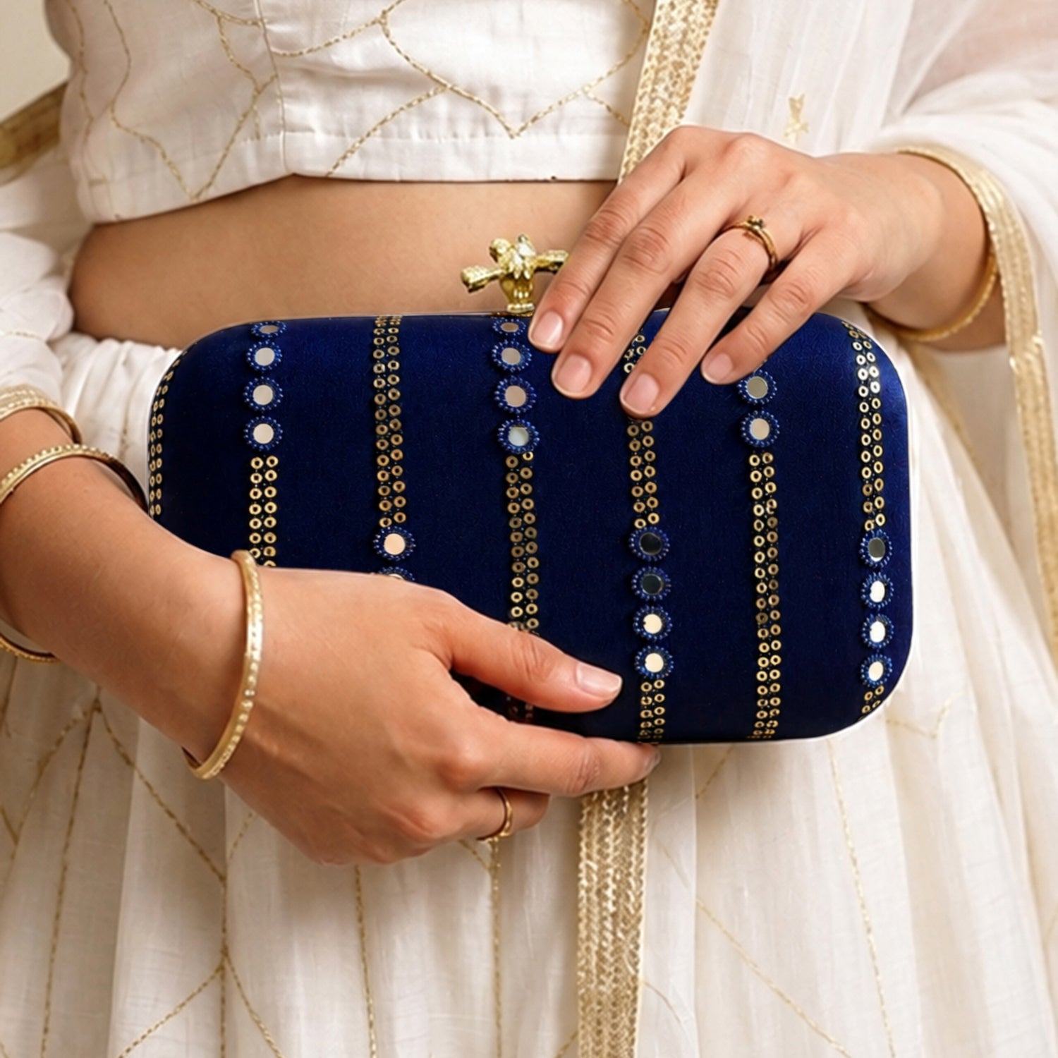 Artklim Elegant Navy Blue Embellished Embroidered Clutch Bag