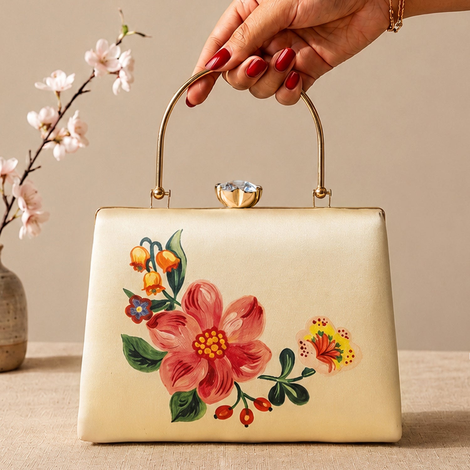 Artklim Printed Ivory Blossom Clutch with Hand Embroidery