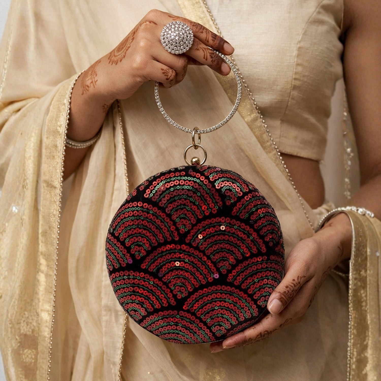 Artklim Chic Black with Red & Green Sequin Pattern Embroidery Clutch