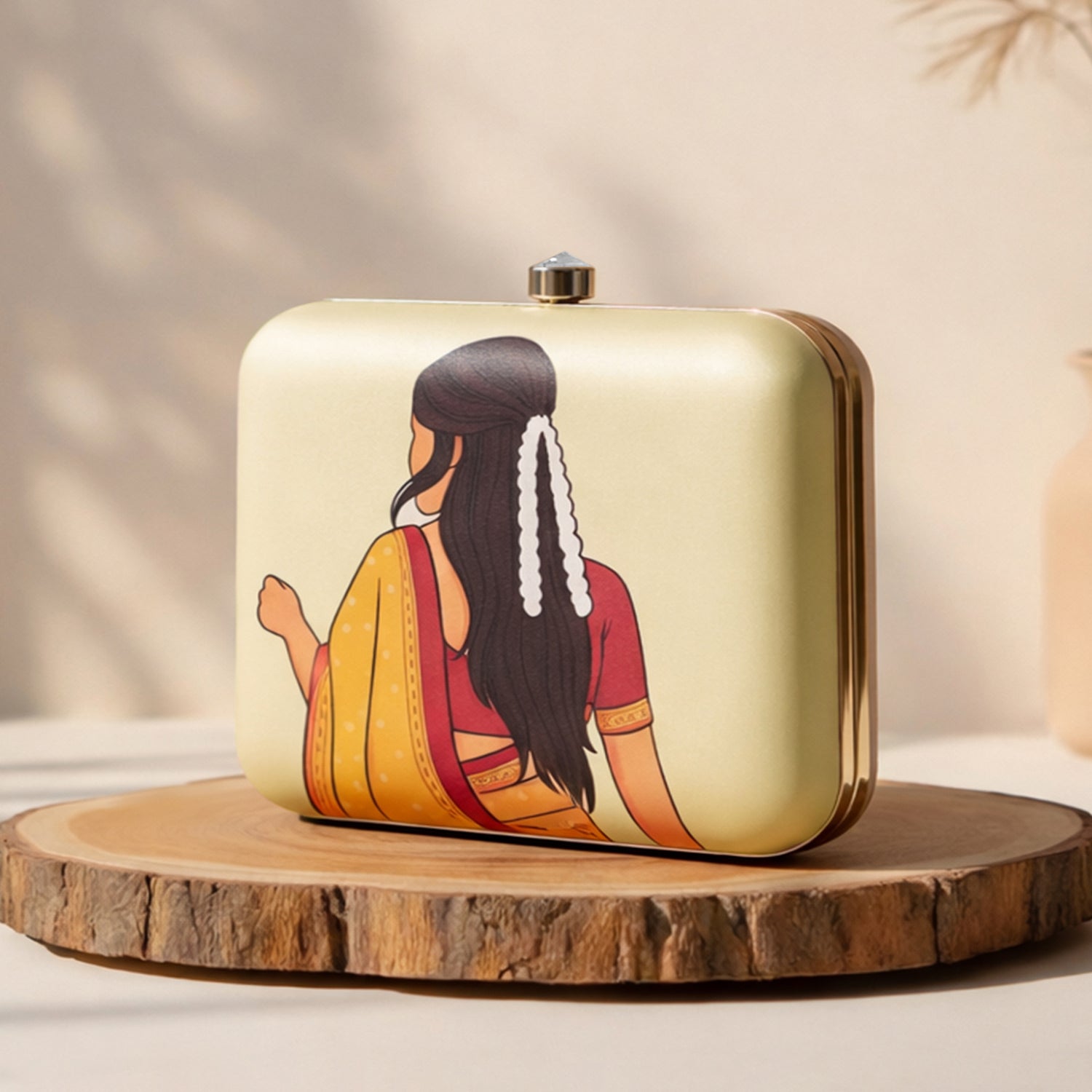 Artklim Beige Based Mustard Saree Woman With Gajra Portrait Printed Clutch