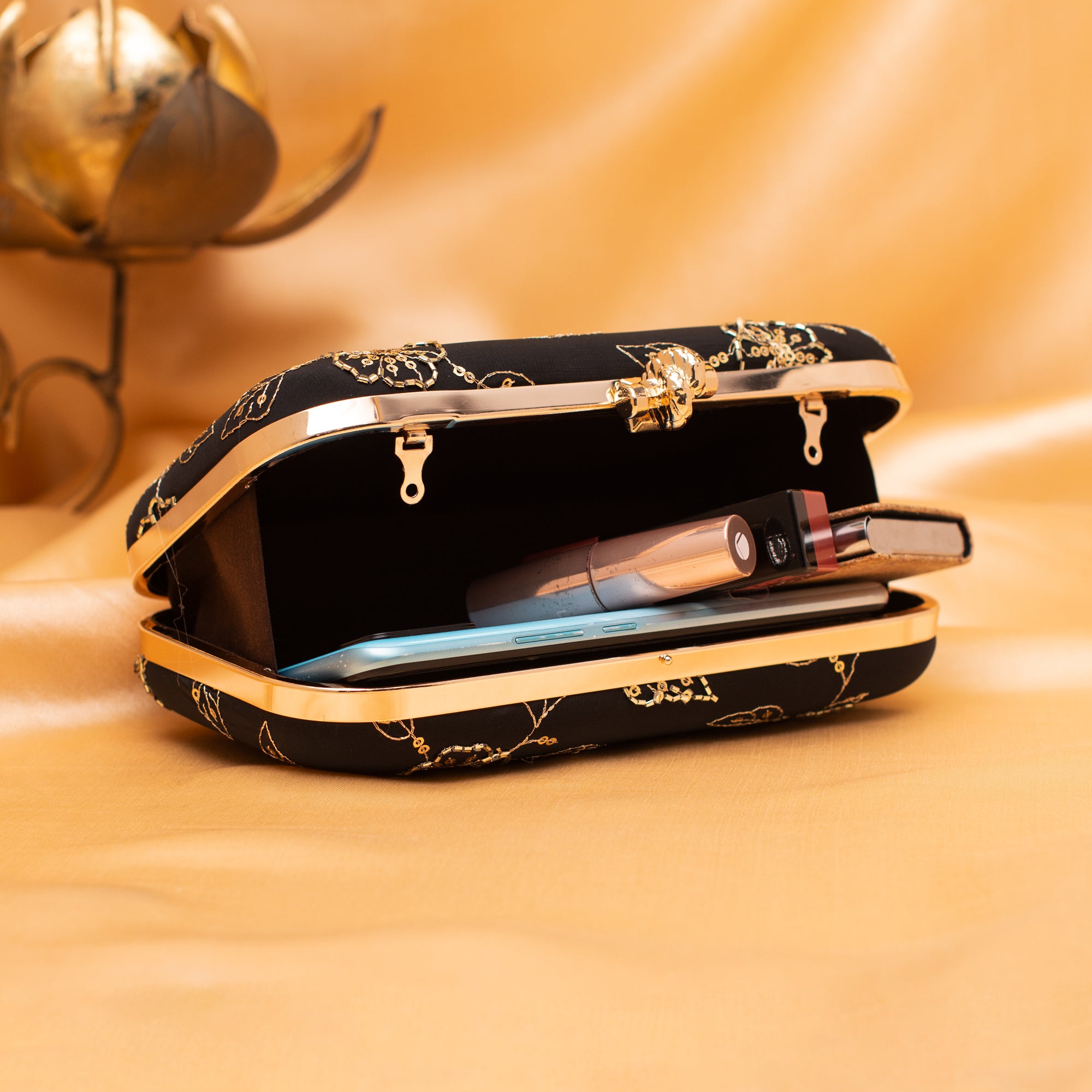 Artklim Royal Midnight Gold Sequin Blossom Clutch