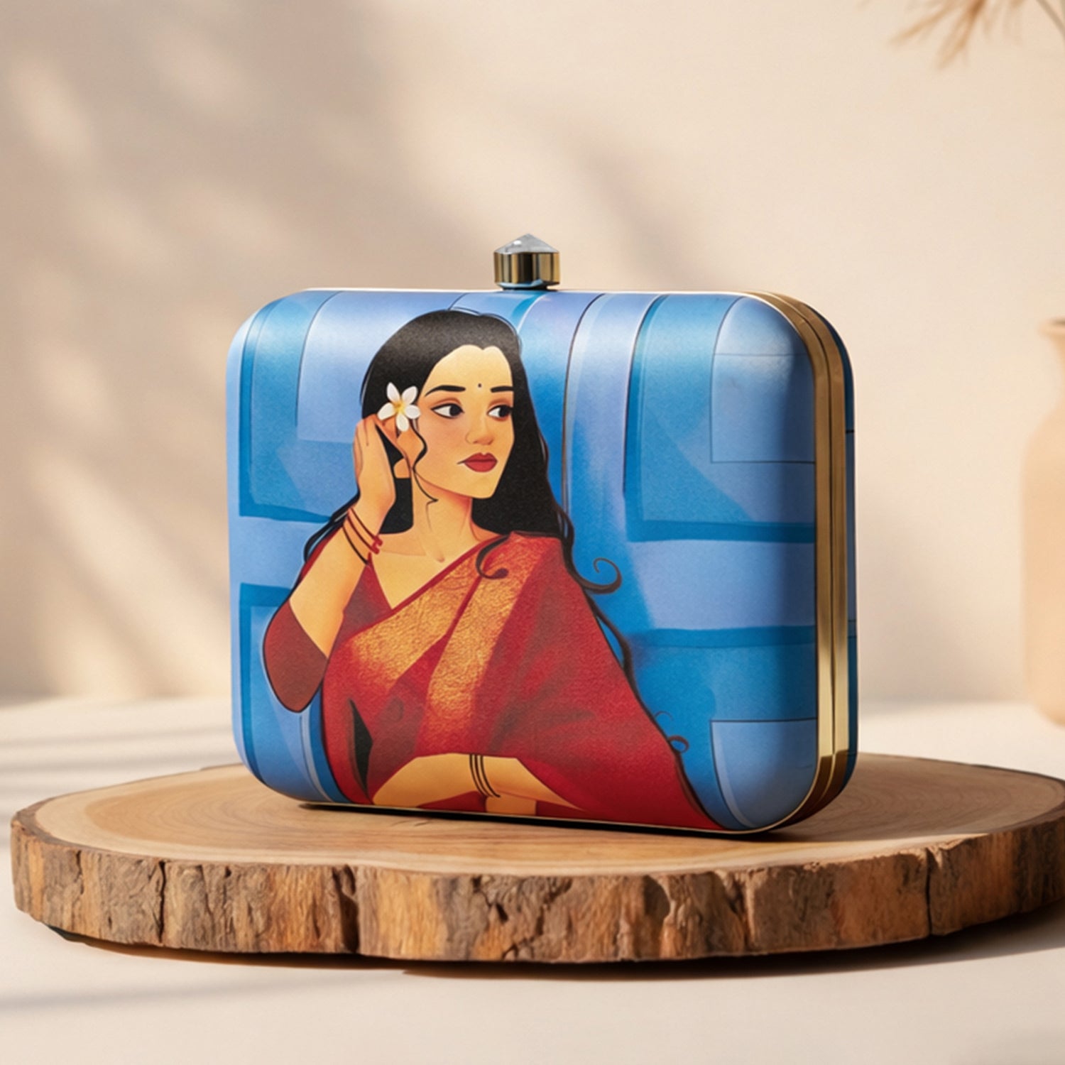 Artklim Blue Based Pretty Woman Portrait Printed Clutch