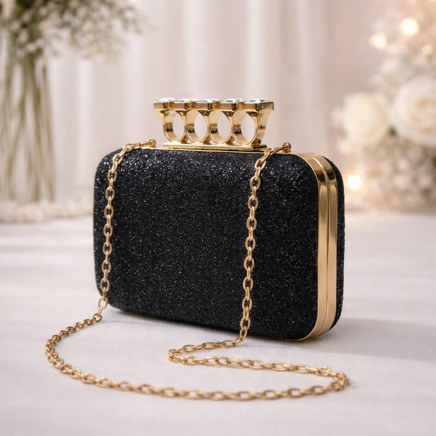 Artklim Black Stylish Midnight Luxe Glitter Embroidery Clutch