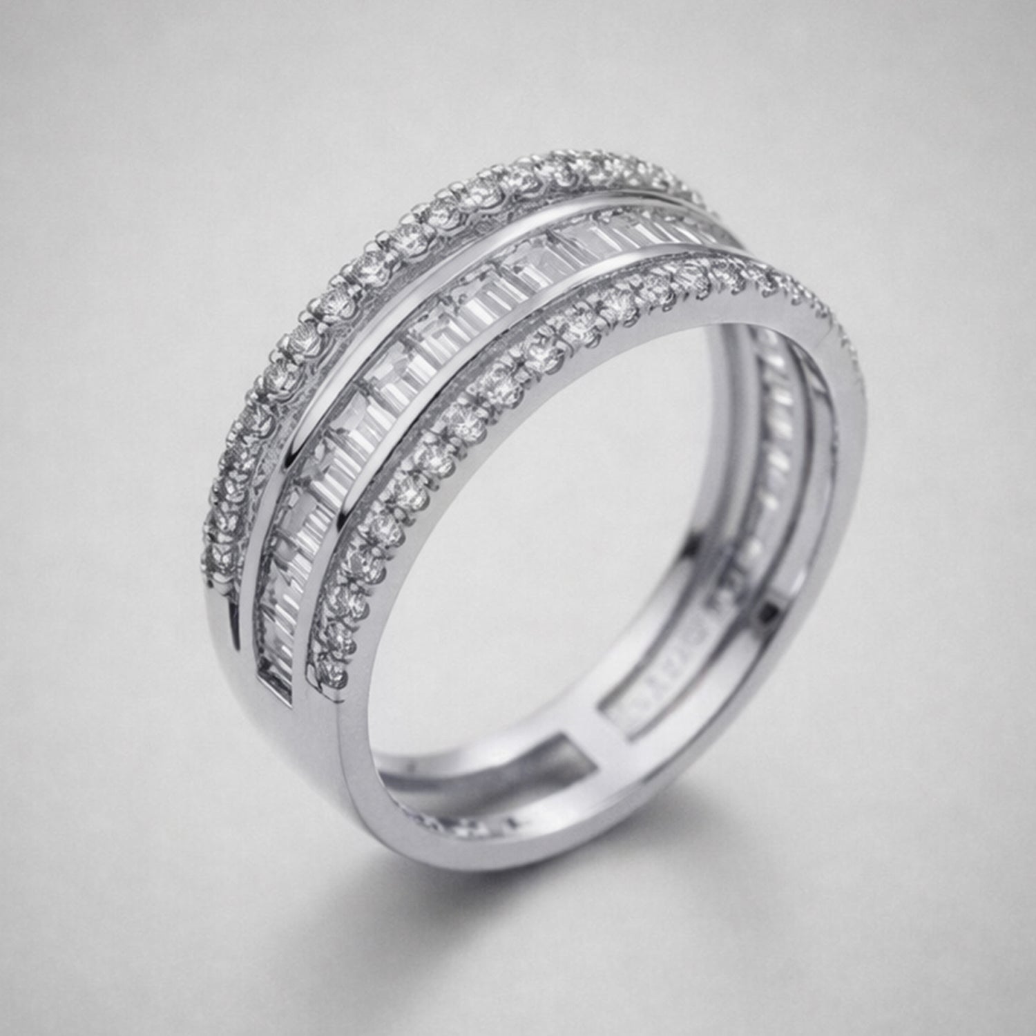 Artklim Sliver- Tone Classic Double Row Baguette Diamond Band Anti-Tarnish Ring