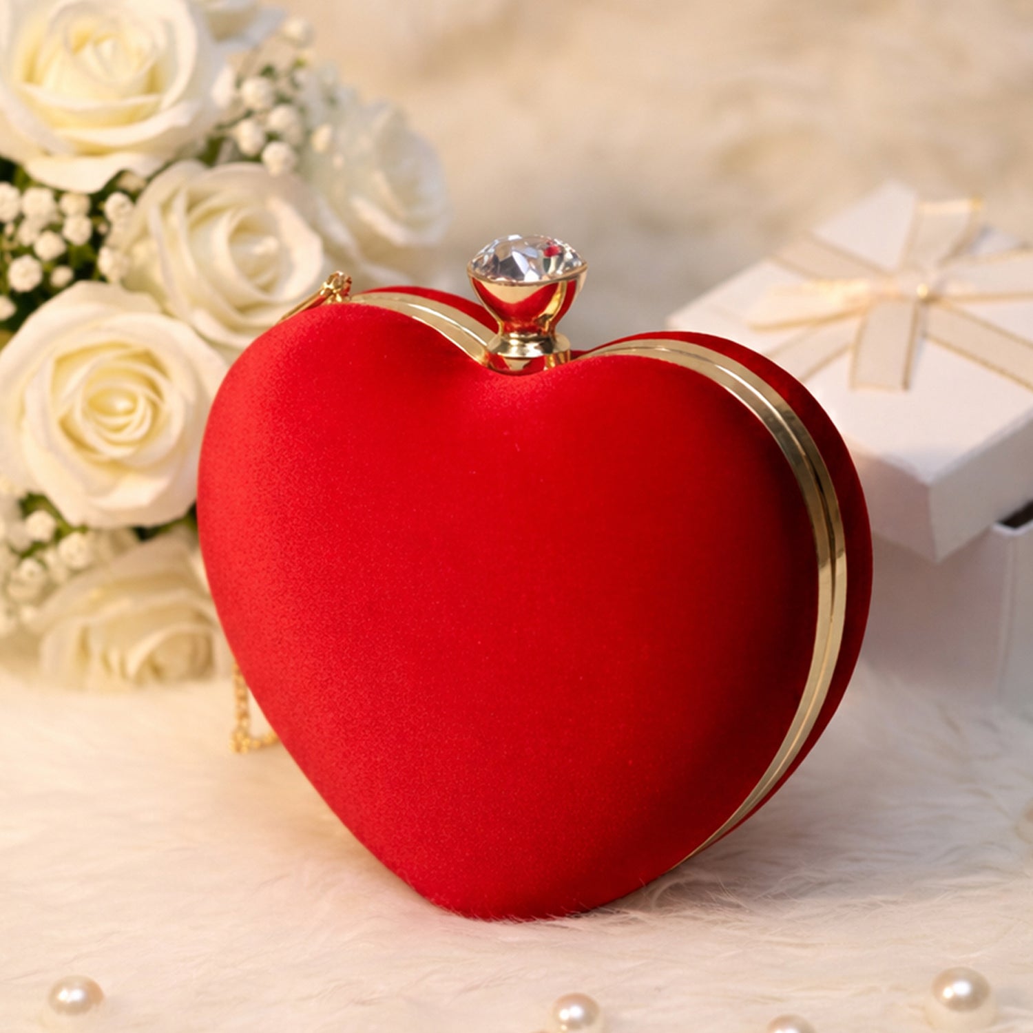 Red Velvet Fabric Heart Shape Clutch