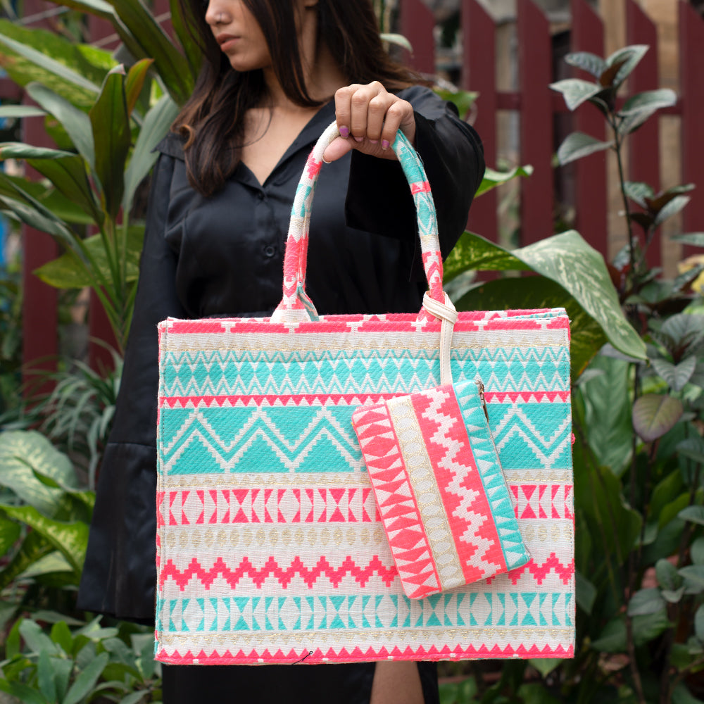Pink and Sky Blue Color Geometric Pattern Tote Bag