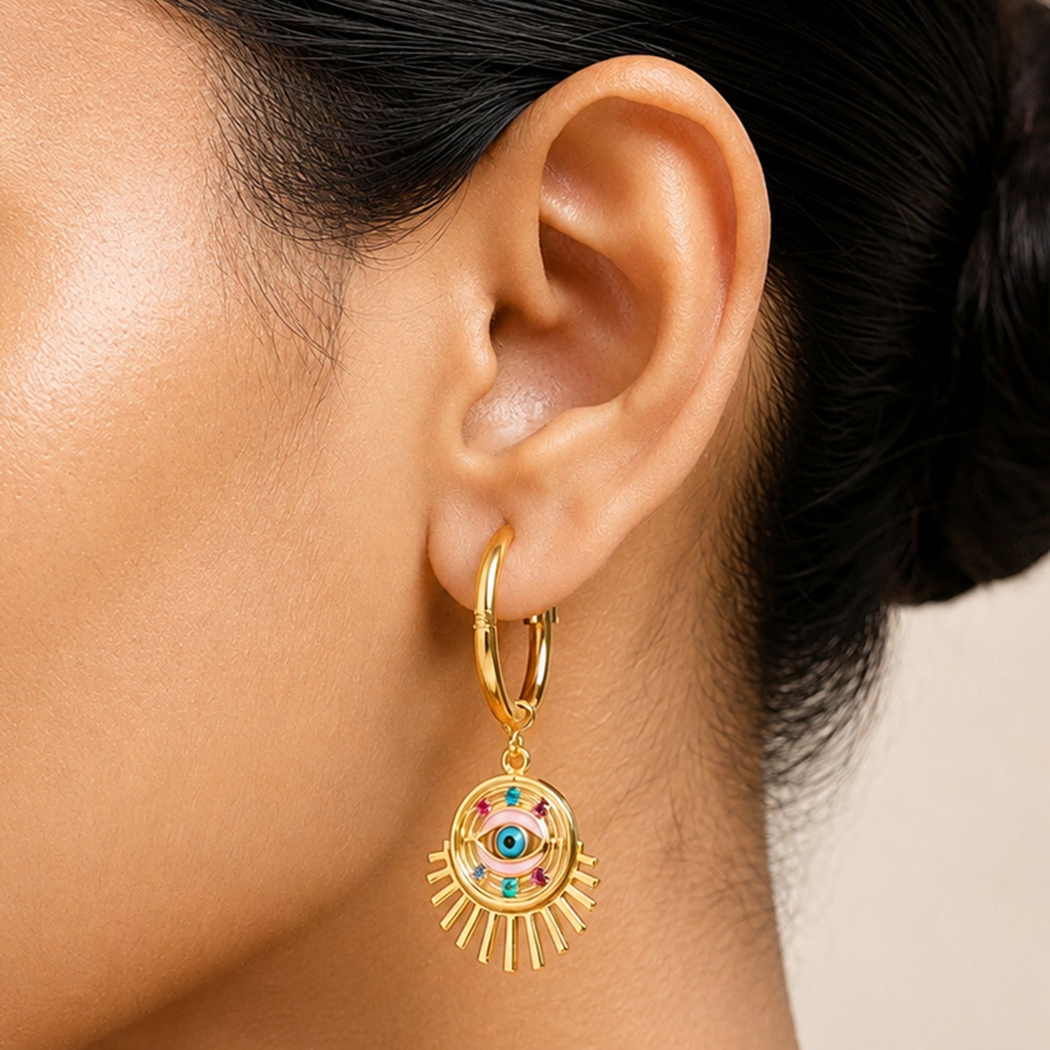 Artklim Colorful Evil Eye Sun Charm Hoop Anti-Tarnish Earring