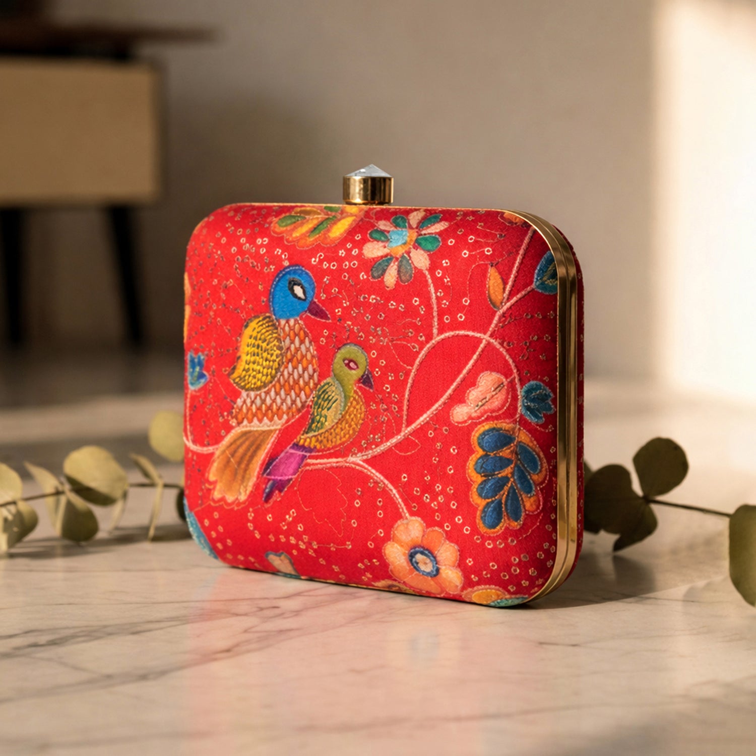 Artklim Women’s Red Ethnic Bird Box Embroidred Clutch