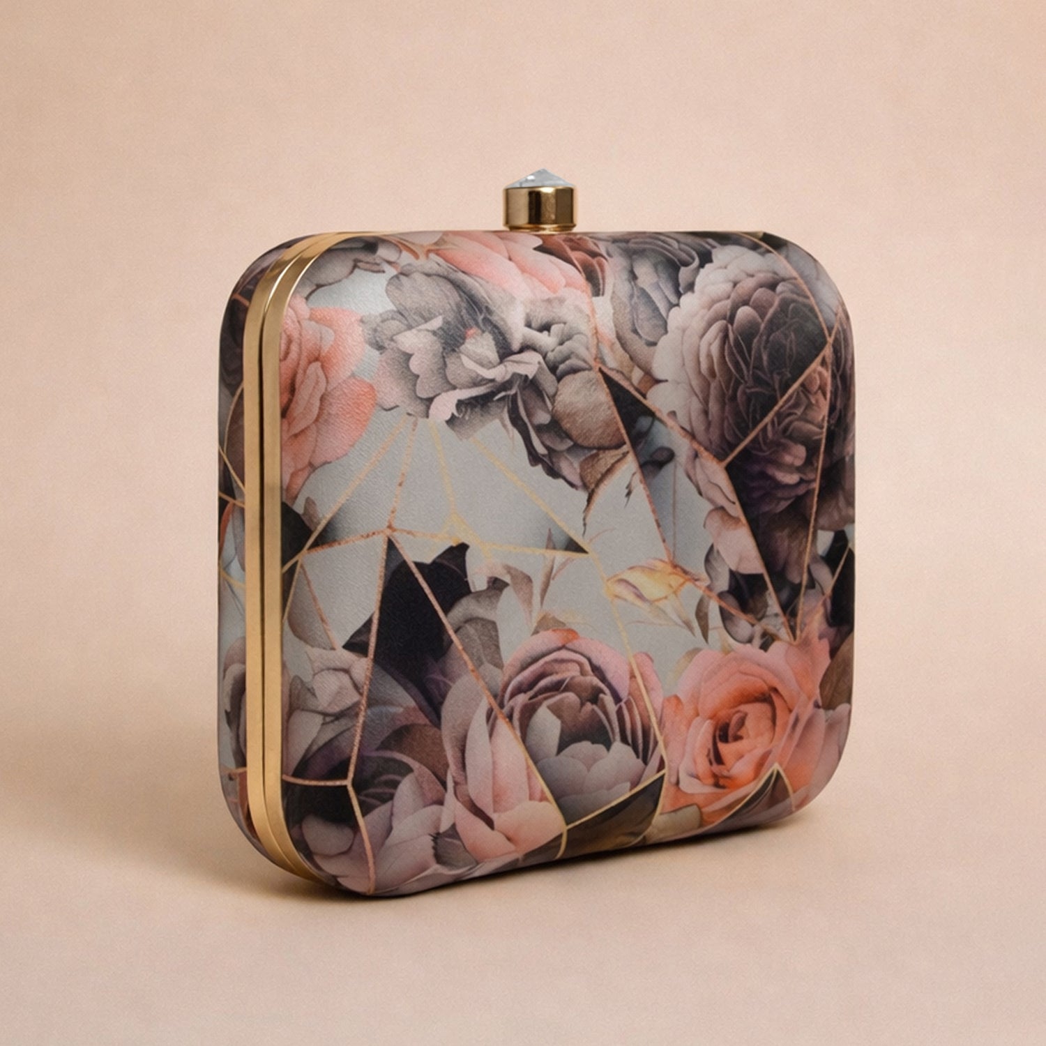 Artklim Grey and Pink Rose Printed Clutch