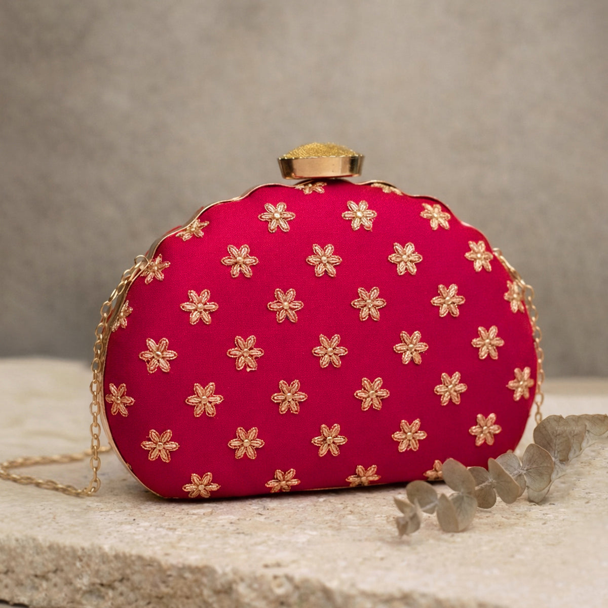 Artklim Floral Embroidered Party Wear Chain Clutch