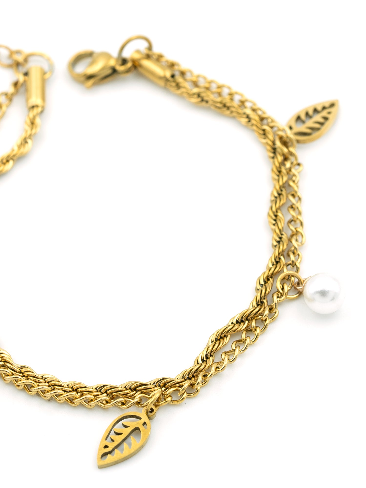 Artklim Gold Plated Anti Tarnish Golden Leaf & Pearl Charm Bracelet