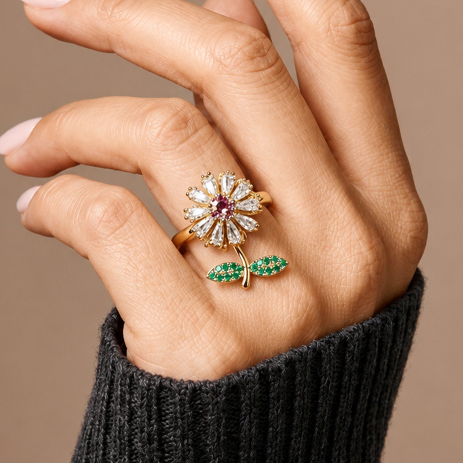 Artklim Pink Daisy Revolving Flower Crystal Adjustable Anti-Tarnish Copper Ring