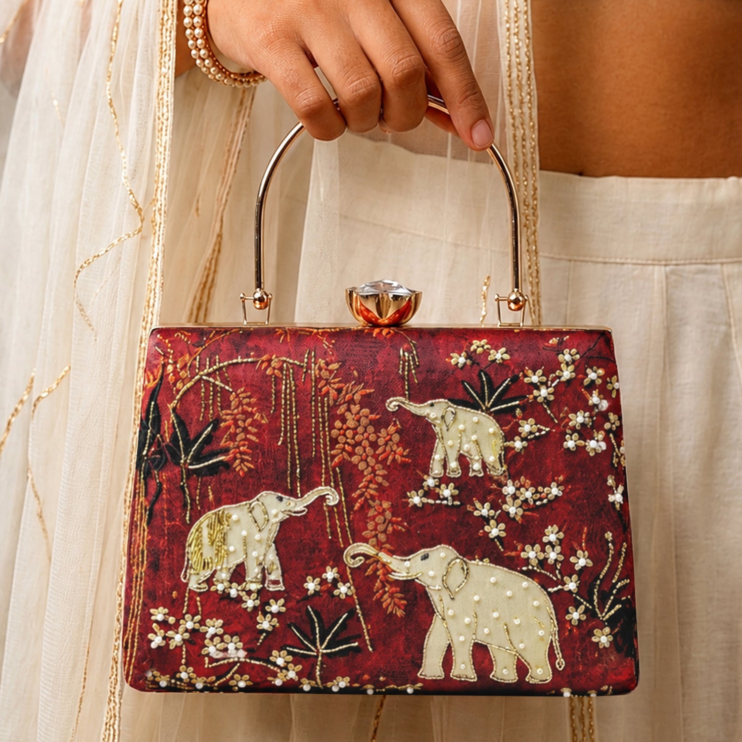 Artklim Crimson Elephant Garden Embroidered Clutch