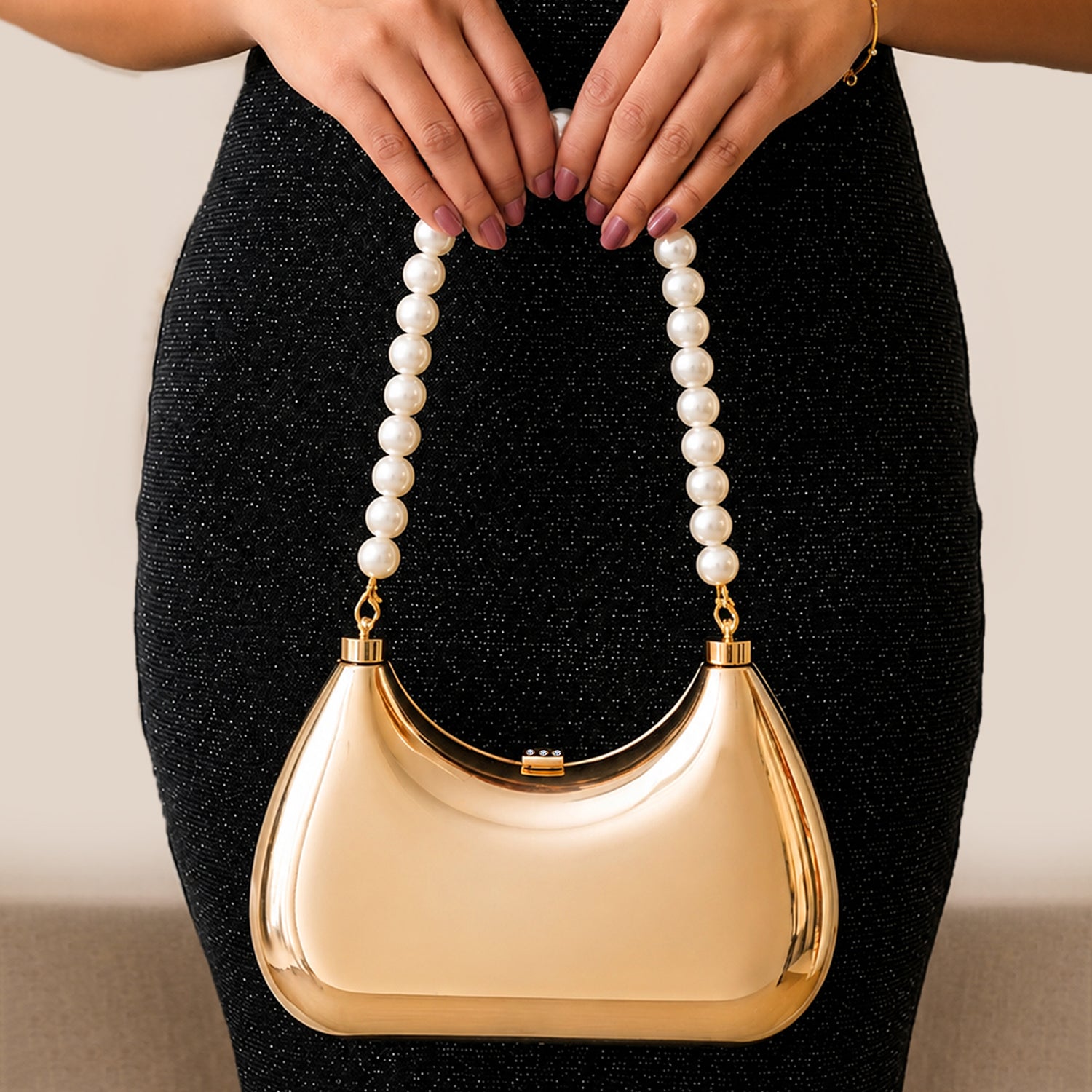 Artklim Gold Metallic Clutch Bag with Pearl Handle for Women