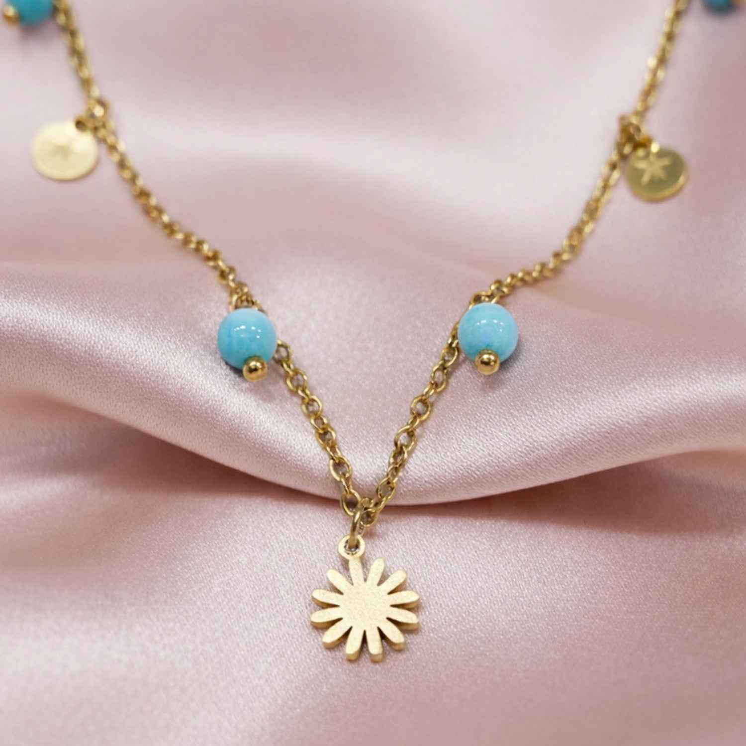 Artklim Gold-Plated Turquoise Bead & Sun Charm Anti-Tarnish Necklace
