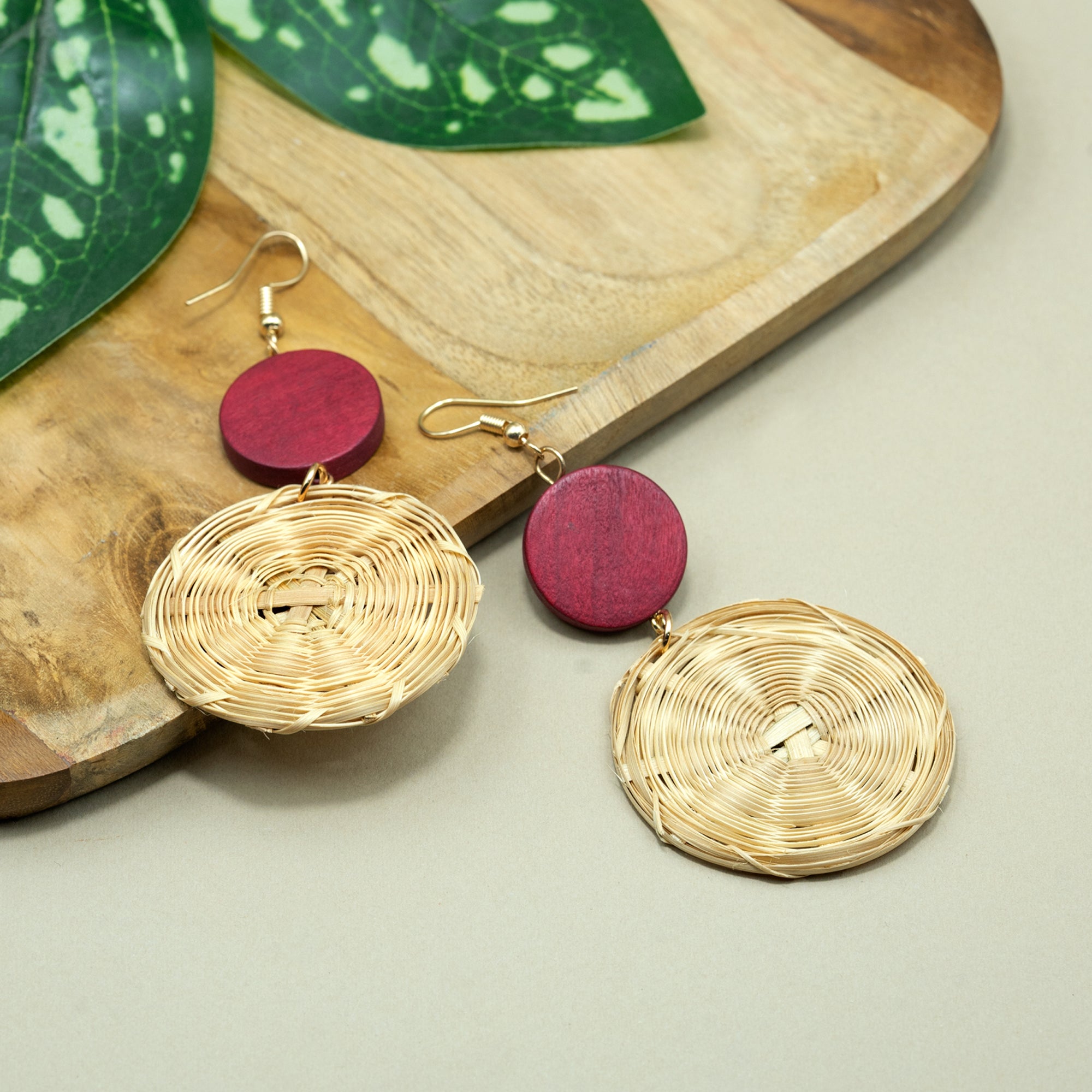 Artklim Boho Maroon Circle Weave Earrings