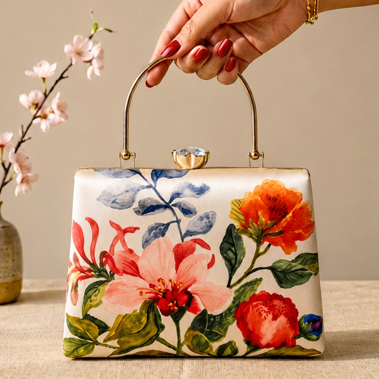 Artklim Printed Luxury Floral Art Clutch with Hand Embroidery