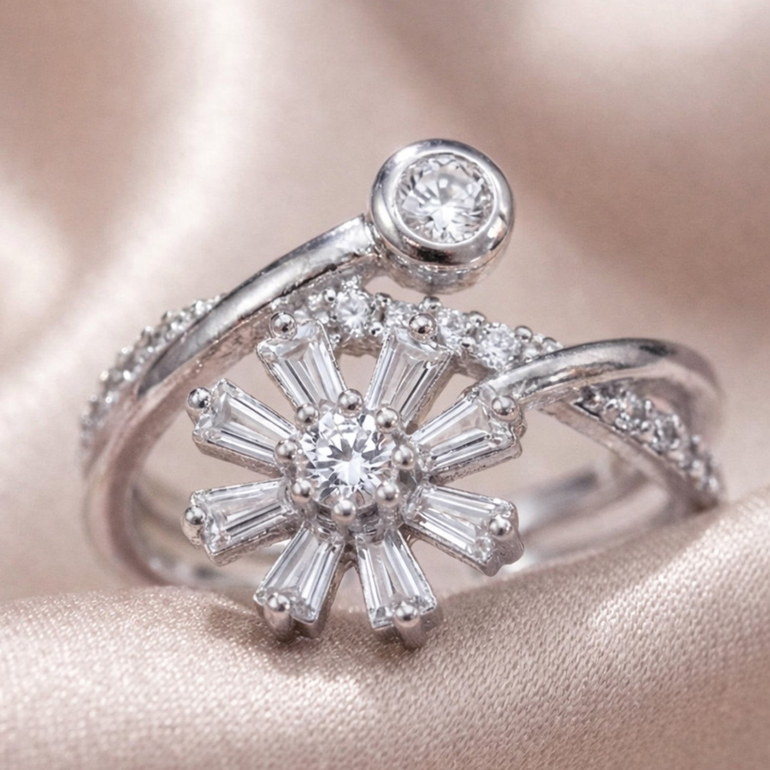 Artklim Sliver- Tone Crystal Flower Anti-Tarnish Ring