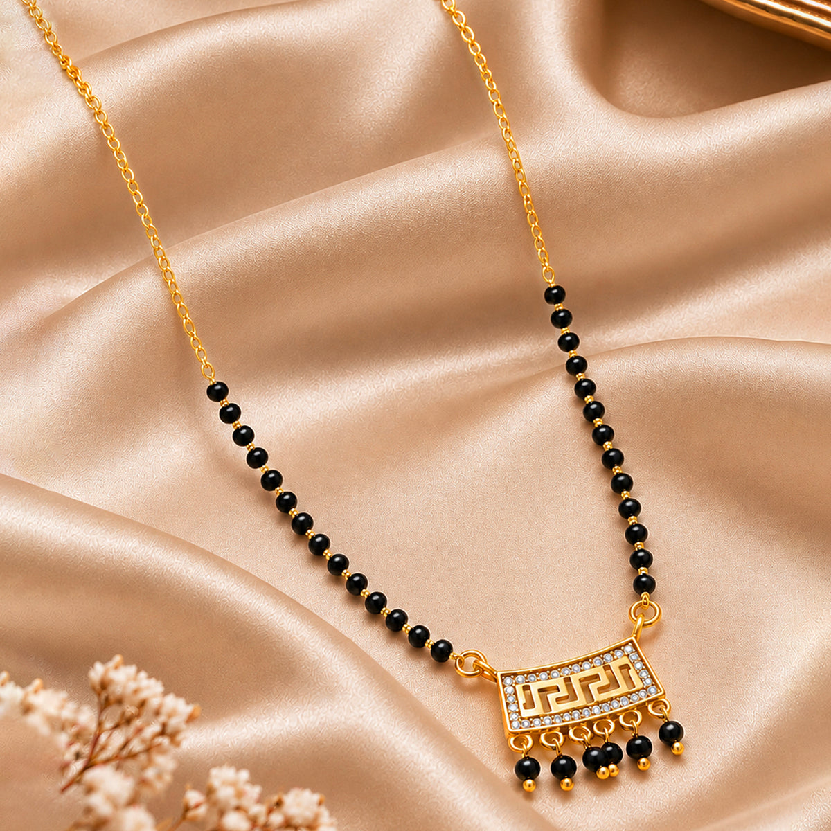 Artklim Royal Black Beads Gold-Plated Traditional Mangalsutra with Kundan Pendant