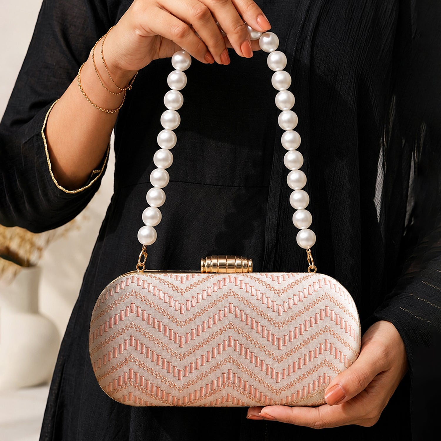 Artklim Soft Peach Chevron Pattern Festive Embroidery Clutch