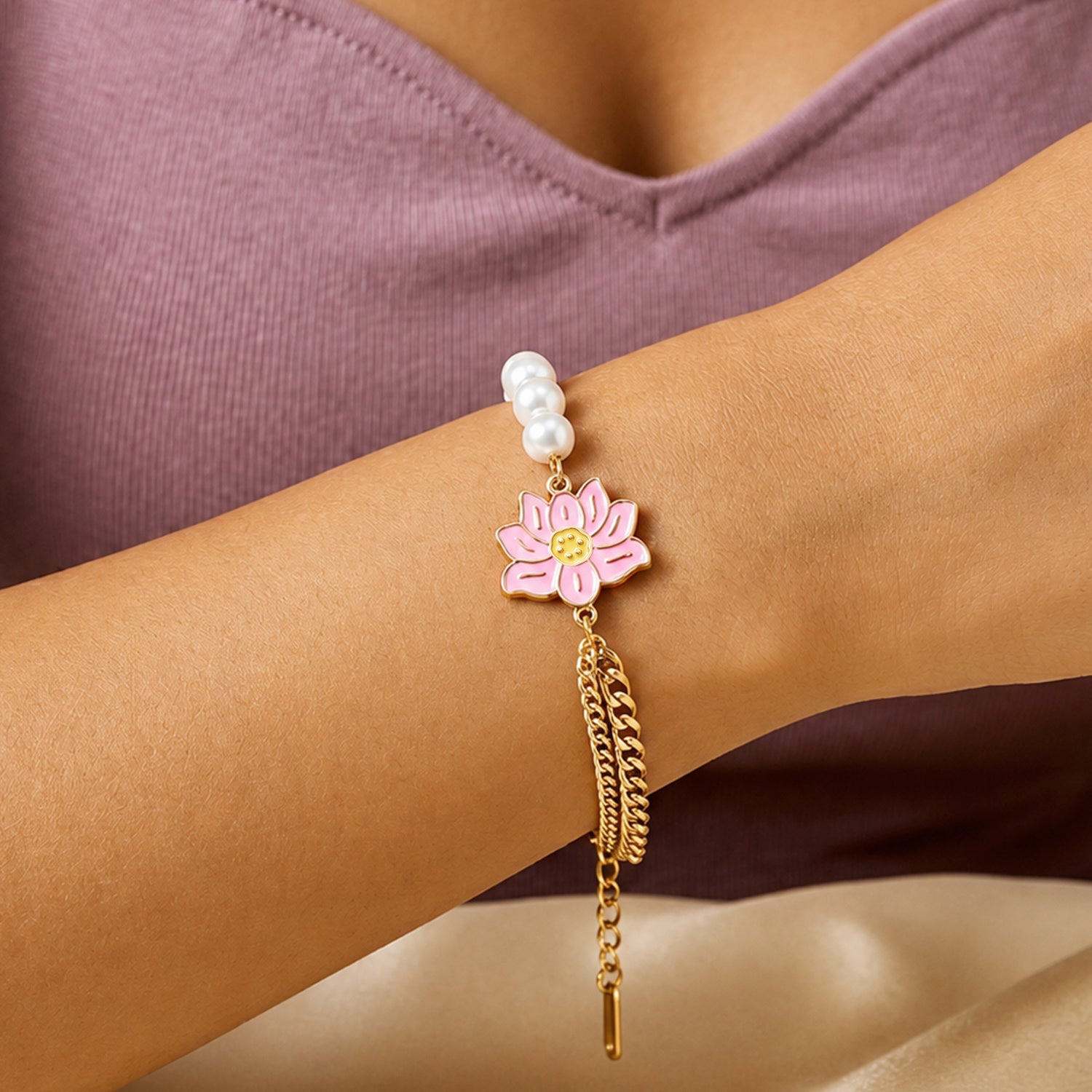 Artklim Pink Sakura Pearl Chain Gold-Tone Anti-Tarnish Bracelet