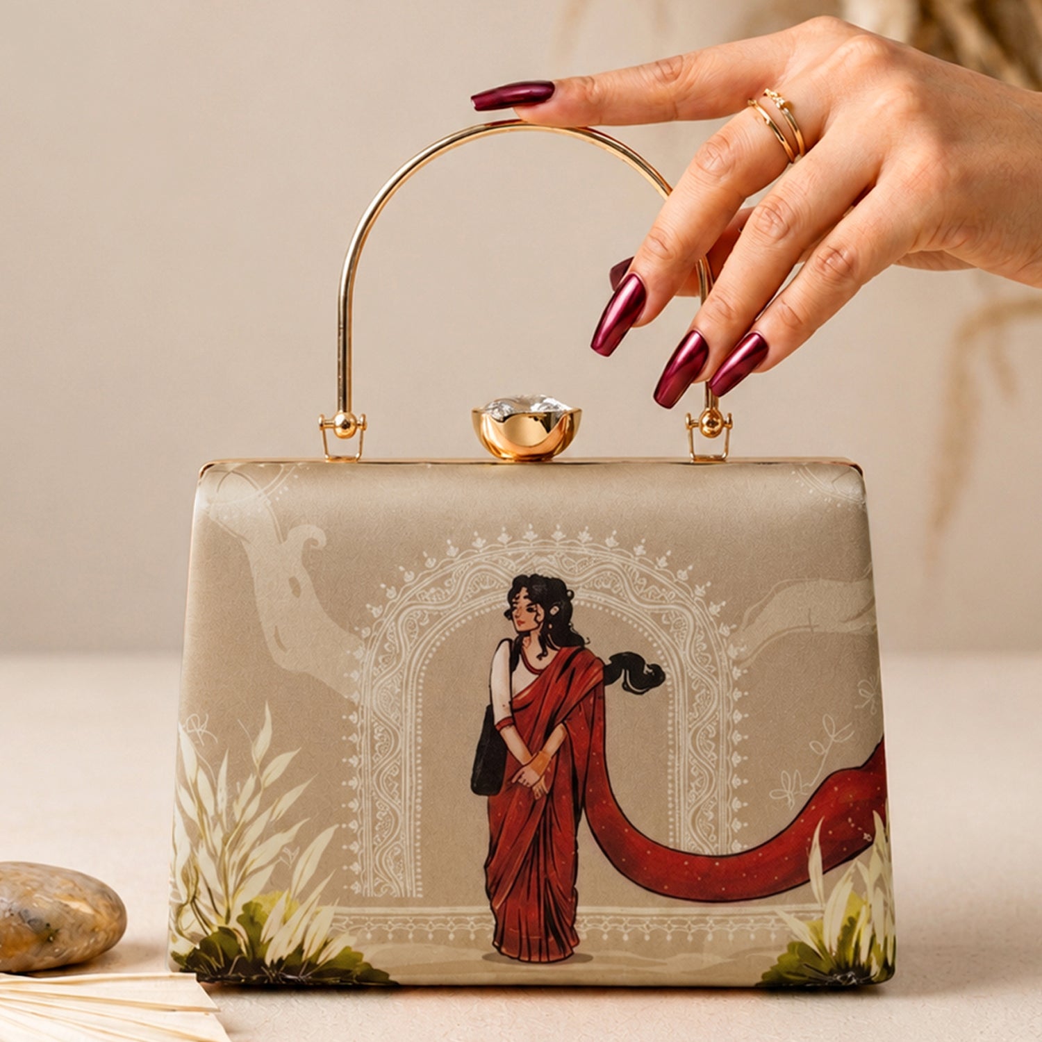 Artklim Beige Traditional Art Embroidered Clutch Bag