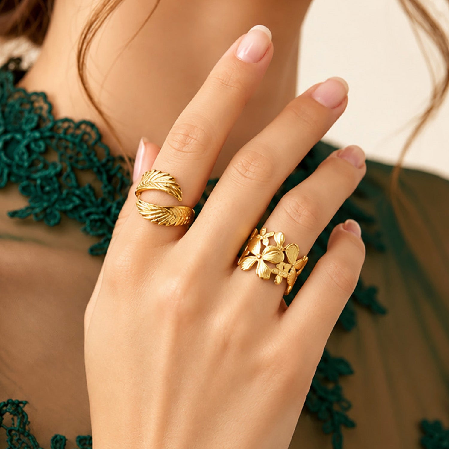 Artklim Floral Bloom & Wing Pair Ring Set Adjustable Anti-Tarnish Ring