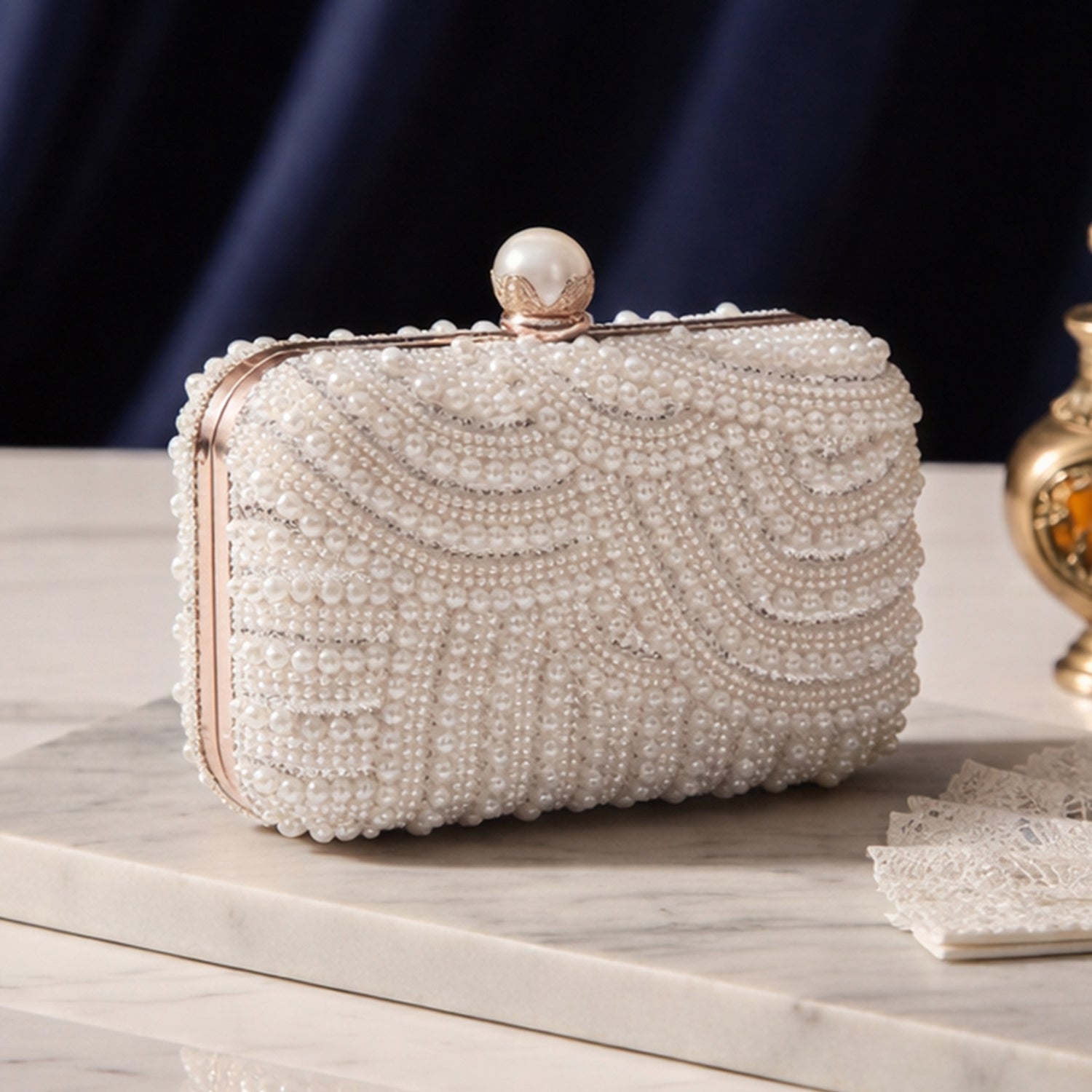 White Pearl Beaded Evening Clutch